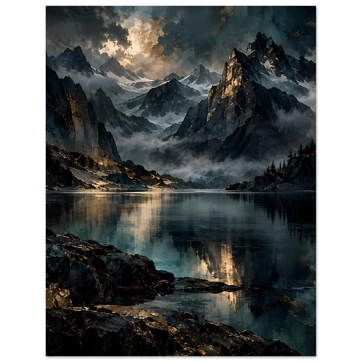 Vertikales Poster mit Berglandschaft und ruhigem See, goldene Wolken über den Gipfeln