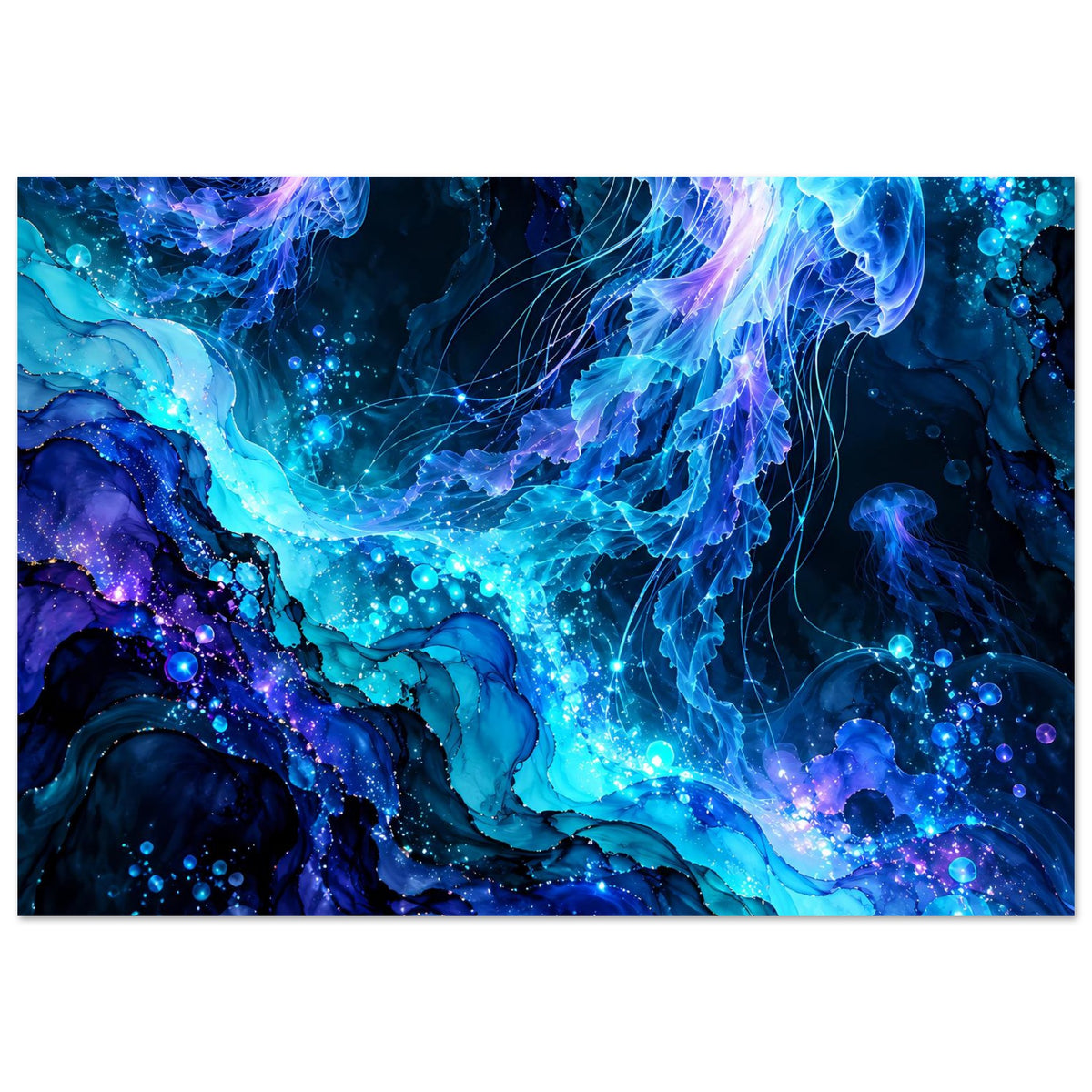 Quallenposter mit leuchtenden blauen und violetten Quallen, feinen Glitzer-Details