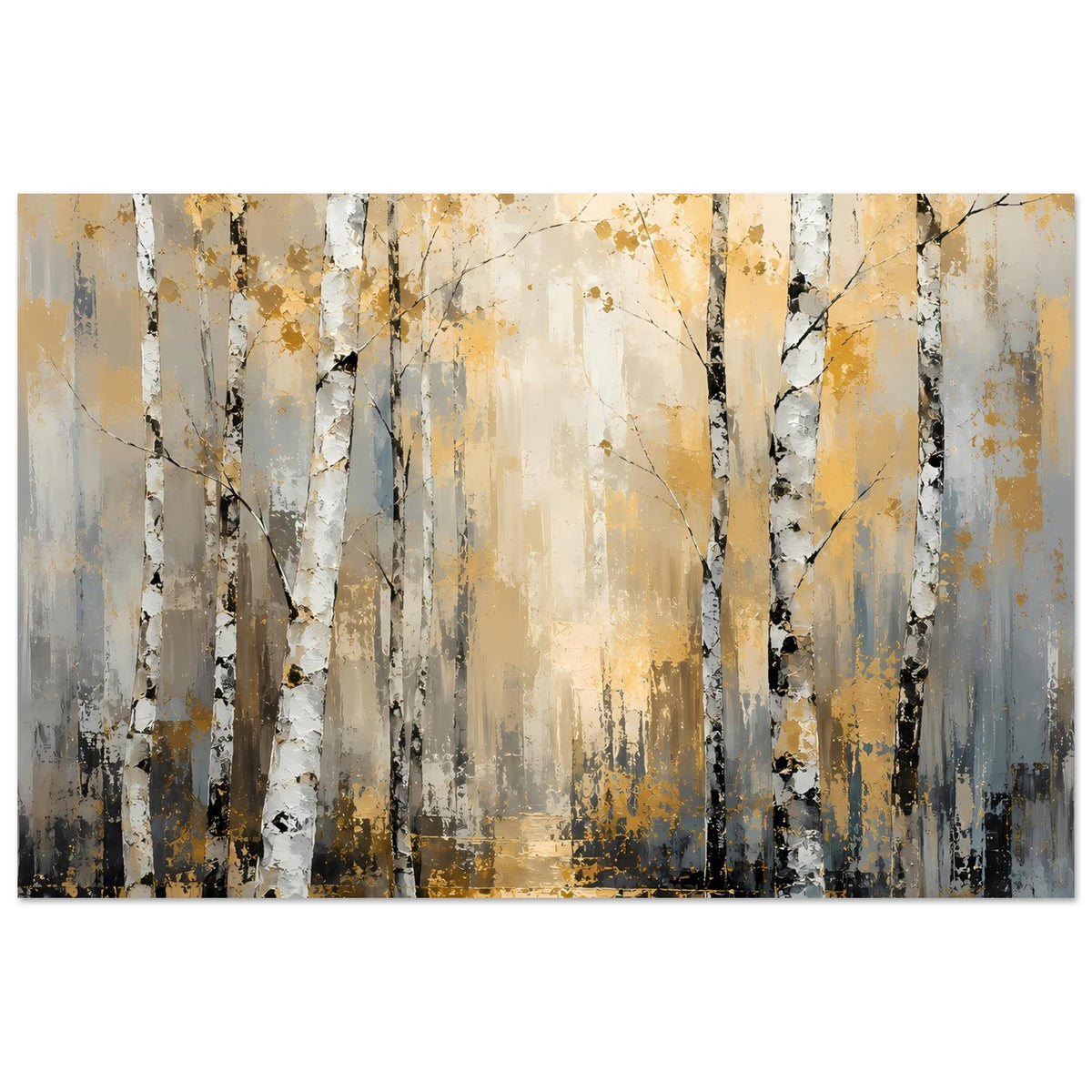 Poster mit Birkenwald-Ansicht, weiße Stämme mit schwarzer Maserung und goldbrauner Mitte