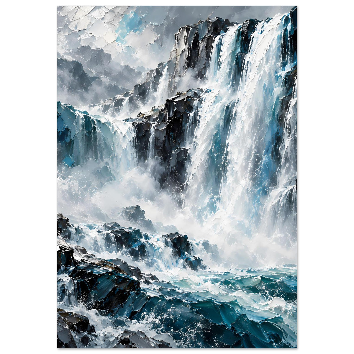 Wasserfall-Ozeanposter im Hochformat: Wasserfall-Szene, schwarze Felsen, Meerblau