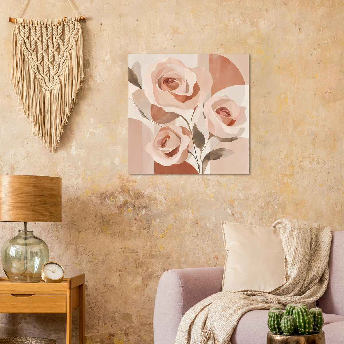 Quadratisches Rosen-Poster mit rosa und pfirsichfarbenen Blüten und dunklen Blättern.
