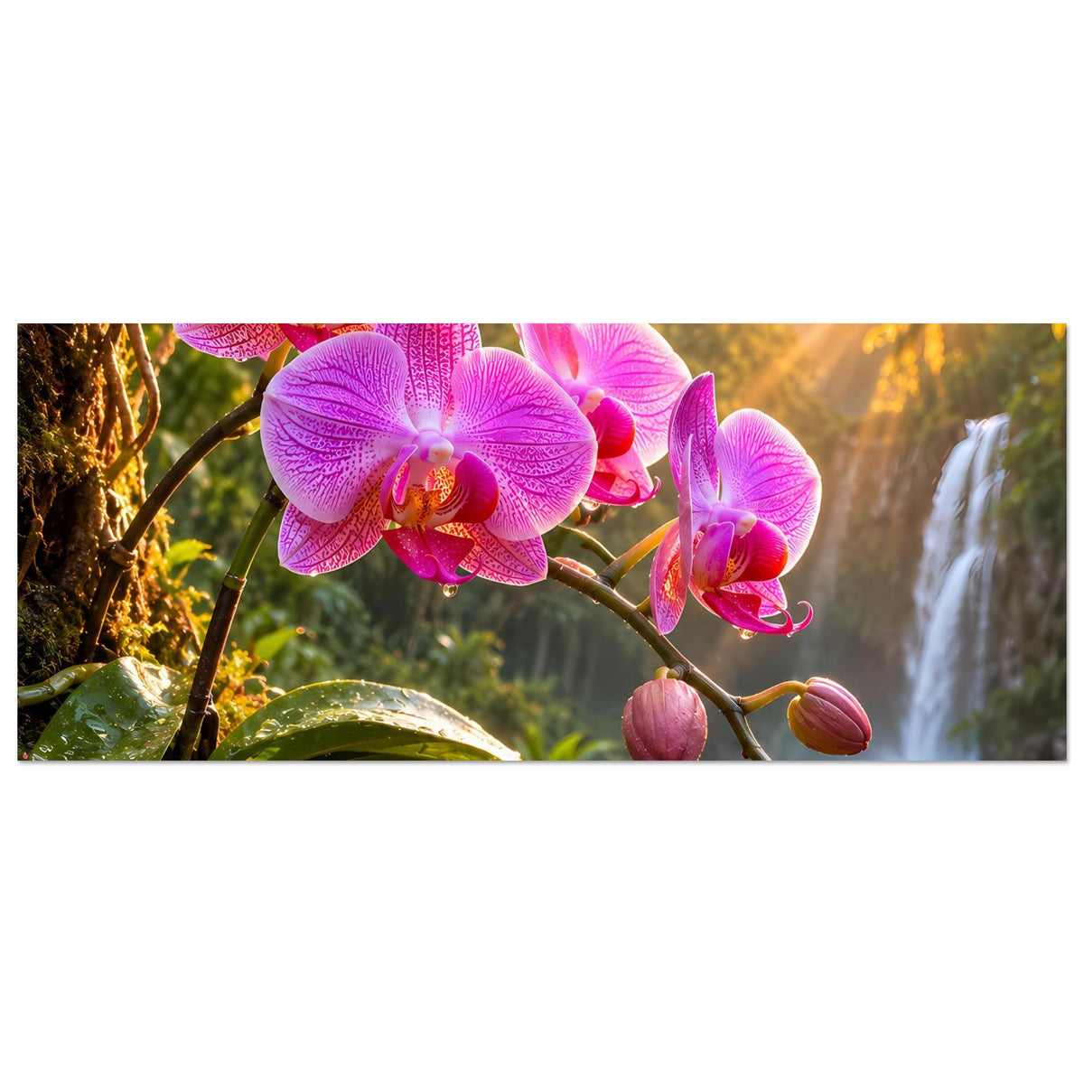 Poster im Querformat mit pinken Orchideenblüten und Knospen, Wasserfall rechts