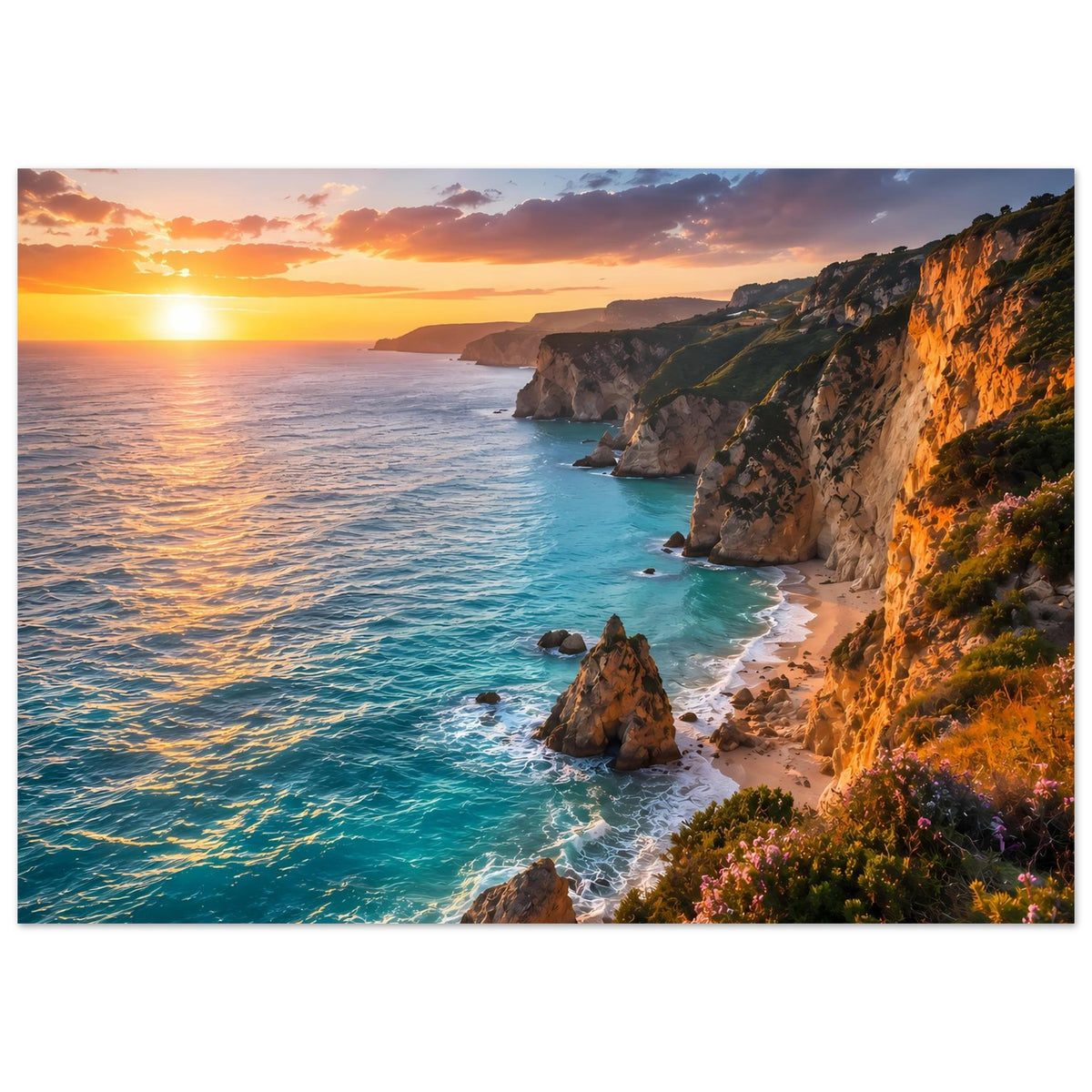 Querformat-Poster mit Sonnenaufgang am Meer: türkisfarbenes Wasser, steile Felsklippen