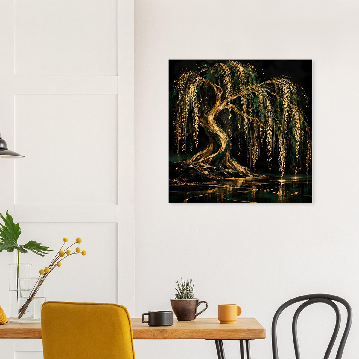Poster mit goldener Weide und Spiegelung im Wasser, dunkler Hintergrund