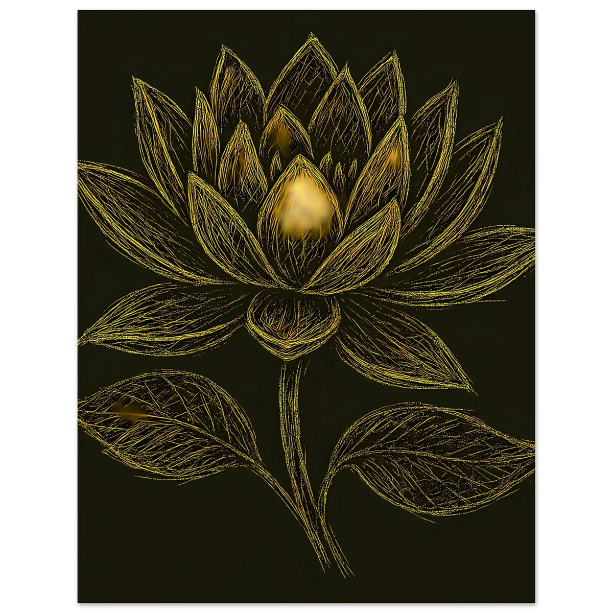 Hochformat-Poster mit goldener Lotusblüte und Blättern, auf tiefschwarzem Hintergrund