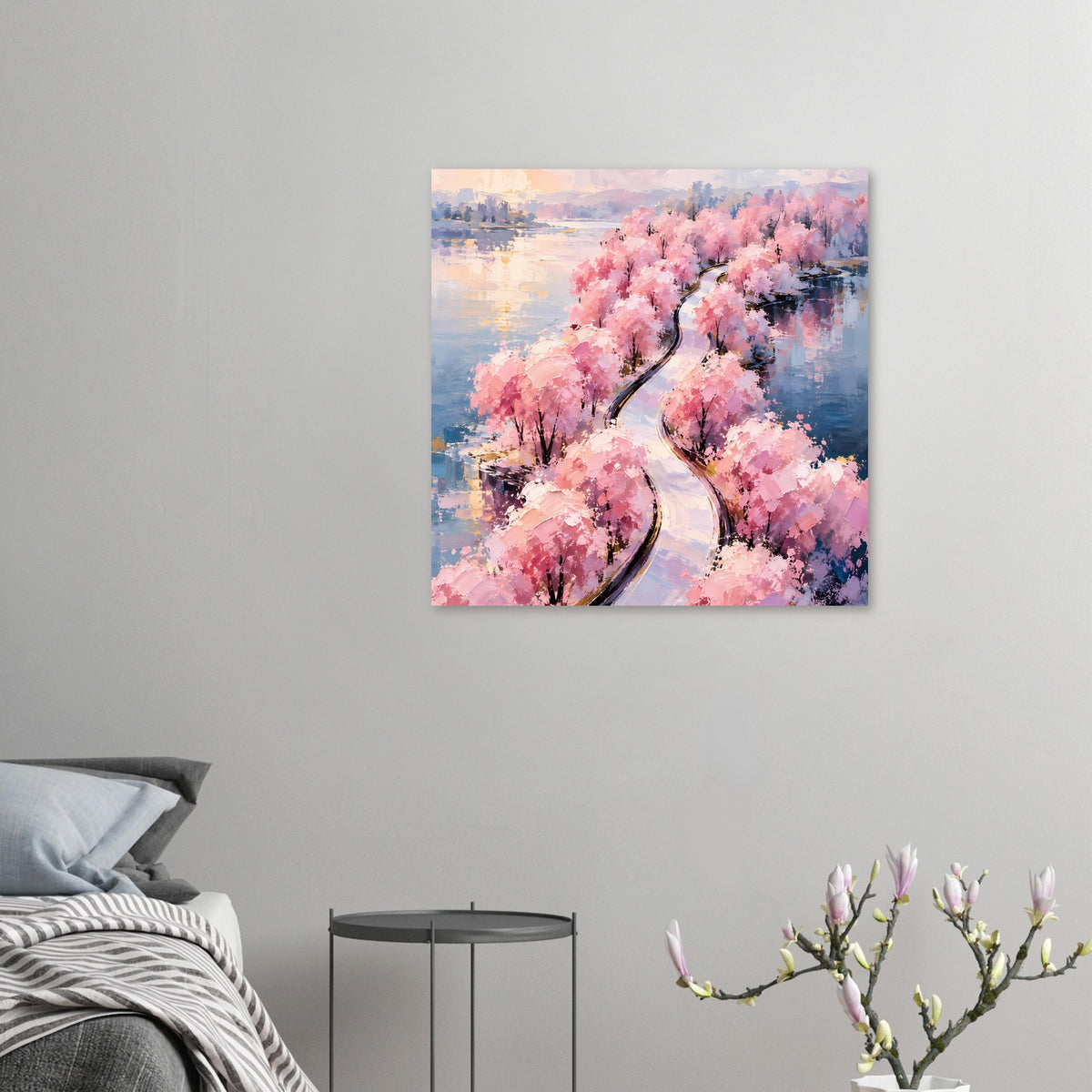 Kleines Wandposter mit rosa Blütenbäumen und geschwungenem Weg am Fluss