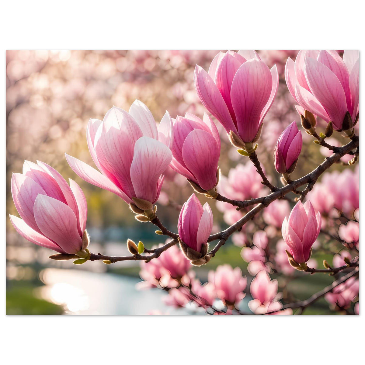 Blumenposter mit rosa und weißen Magnolienblüten an braunem Ast