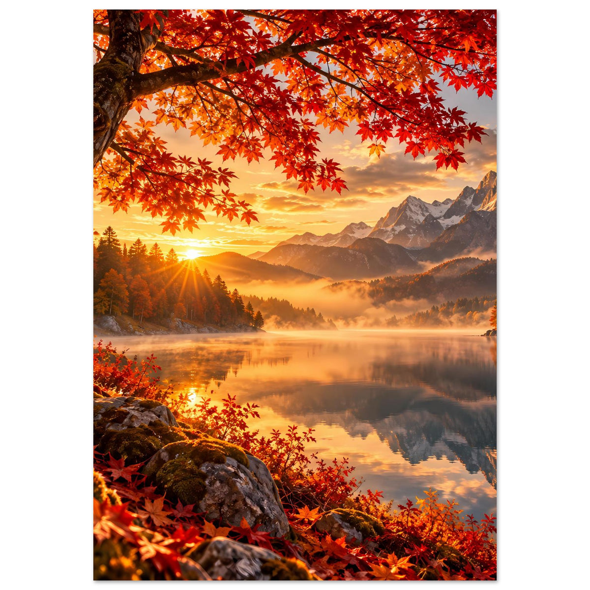 Herbstlandschaft-Poster hochformatig mit roten Ahornblättern, Sonnenaufgang, Bergen und ruhigem See