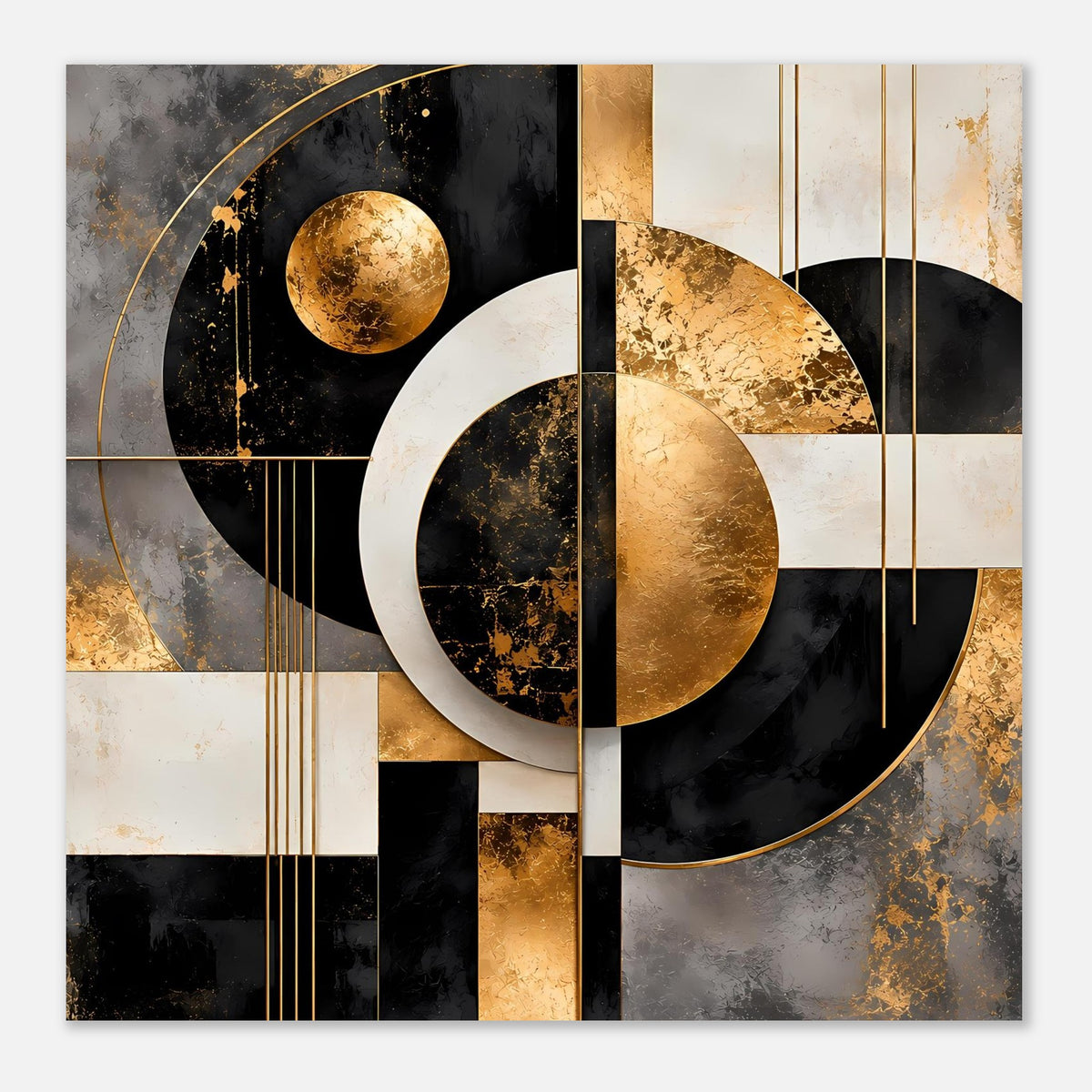 Poster mit naher Ansicht: gold-schwarze Kreise und cremefarbene Linien im Muster