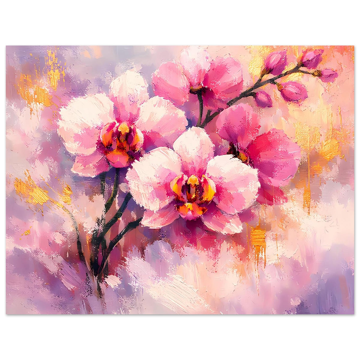 Orchideenblüten-Poster: weiße und rosafarbene Blüten auf dunklem Ast, goldene Akzente
