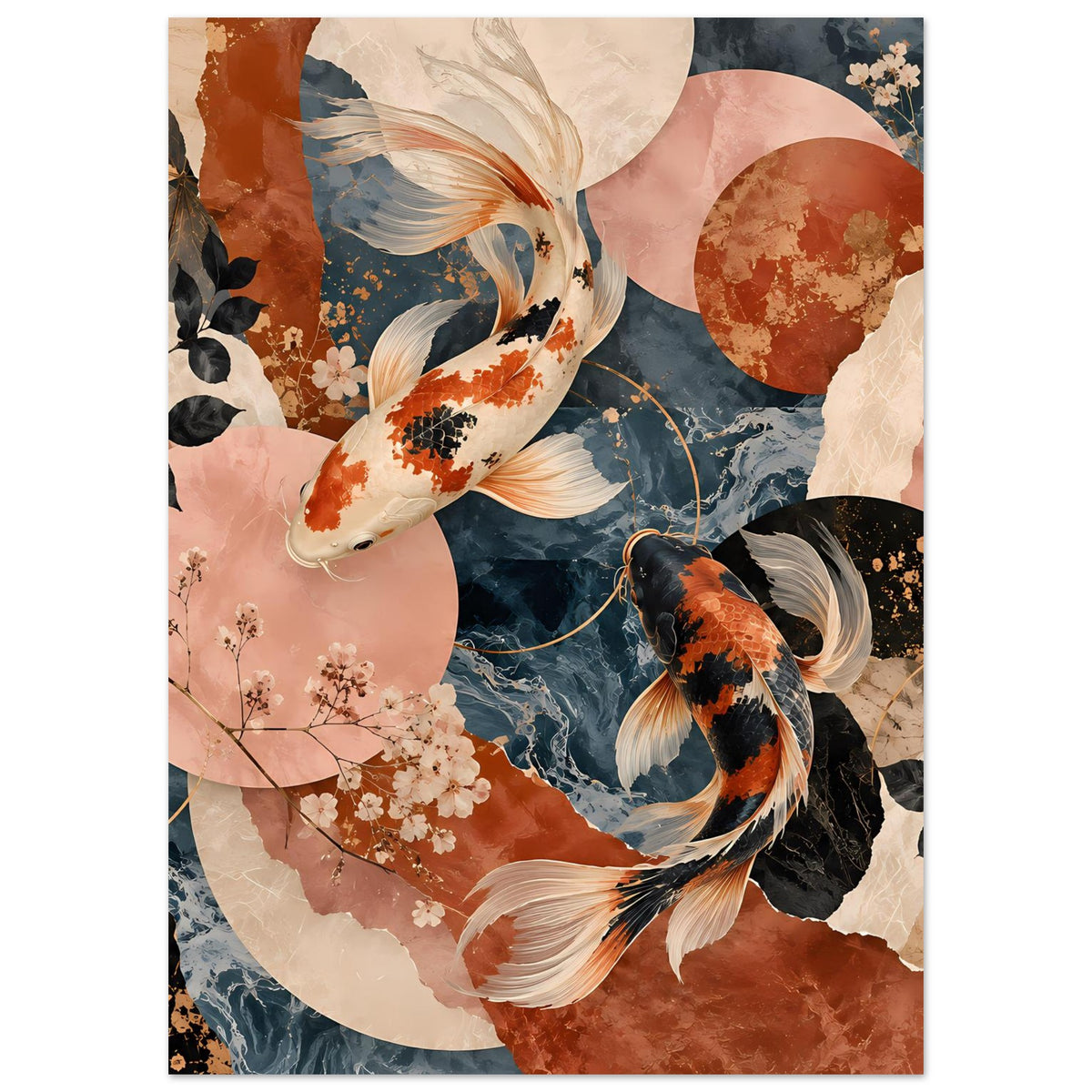 Poster mit Koi-Fischillustration: schwarze, orange und weiße Fische vor abstraktem Blau