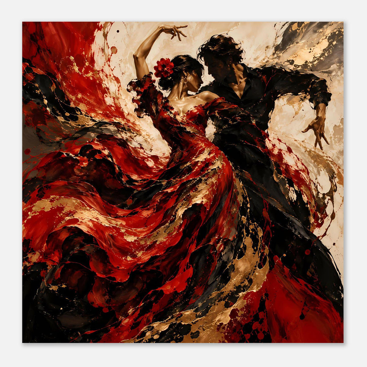 Poster mit Flamenco-Tänzern: dramatische rote und schwarze Farbwirbel, goldene Akzentpunkte