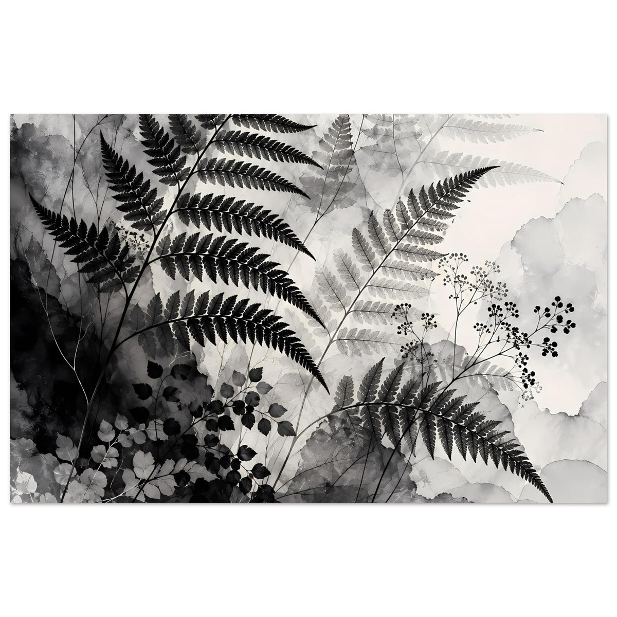 Botanisches Kunstposter mit Farnblättern und Blüten in Schwarz-Weiß, horizontal