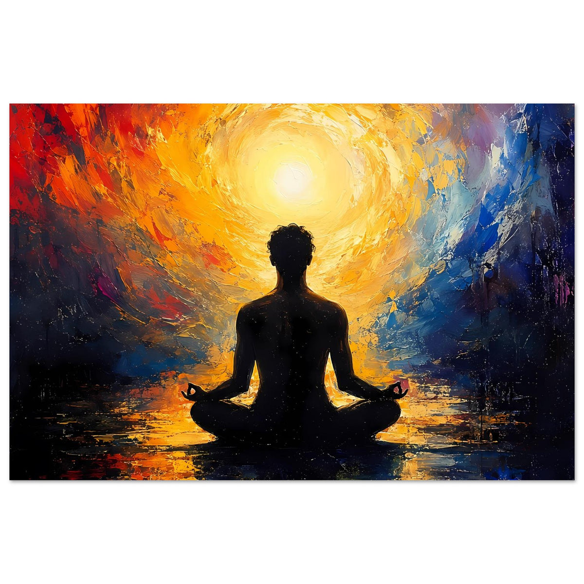 Abstraktes Zen-Poster: Meditationssilhouette im Lotussitz, strahlende goldgelbe Aura und Farbverlauf
