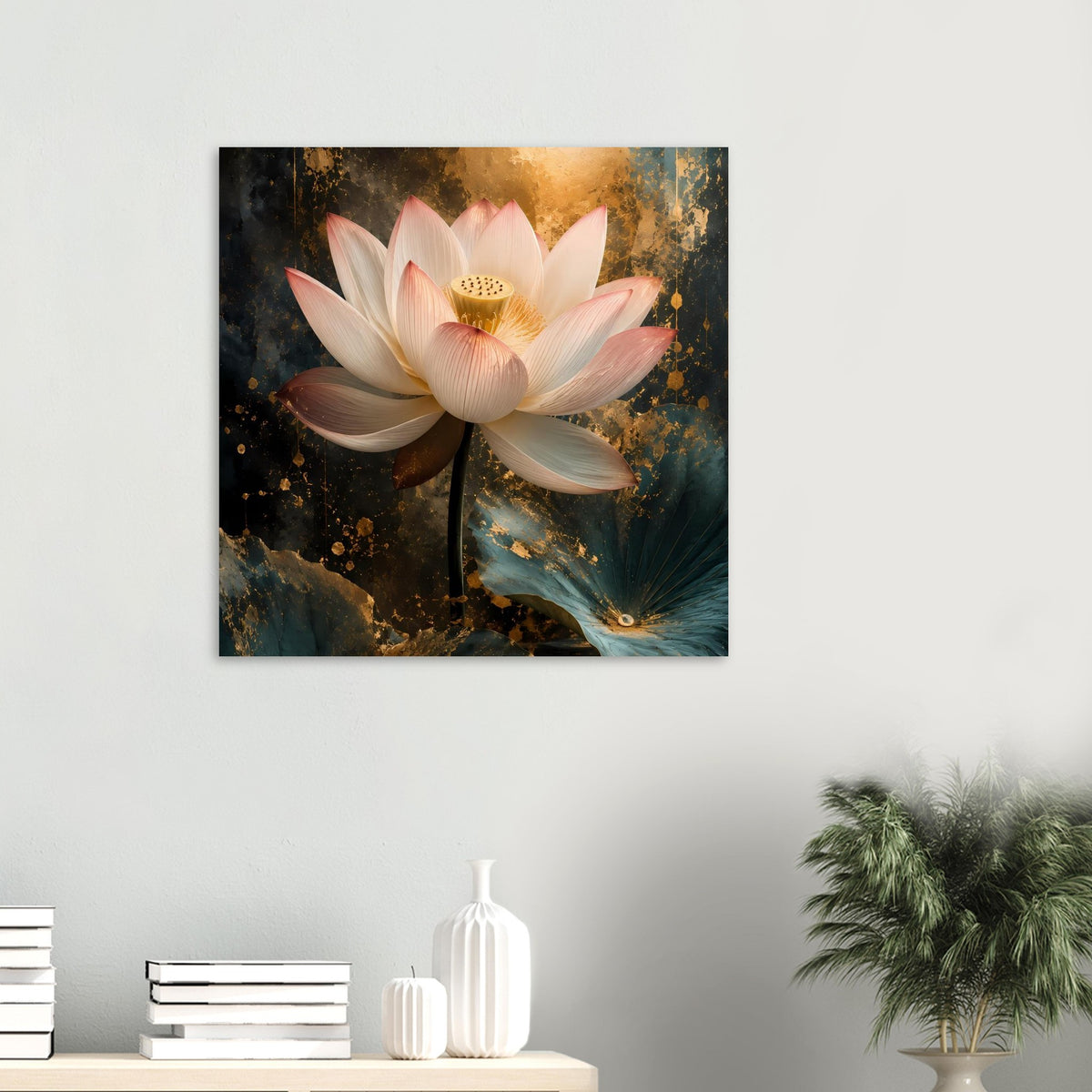 Quadratisches Poster mit weißer Lotusblüte und goldfarbenen Akzenten im Kern