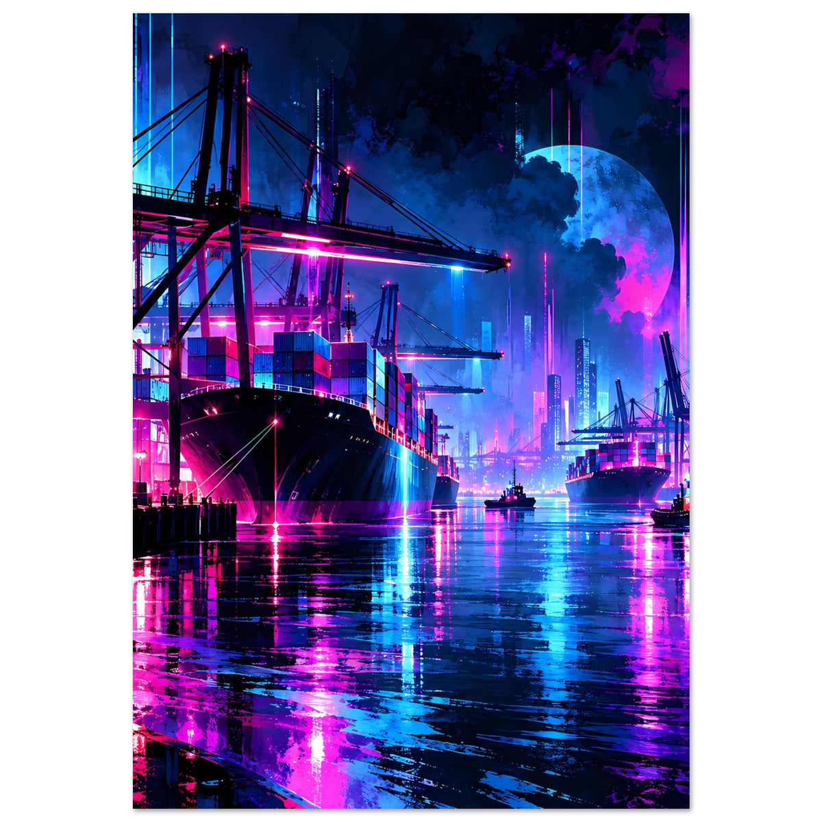 Neonhafen-Nachtlandschaft: Brücke im Vordergrund, Skyline und Neonlicht im Wasser spiegeln.
