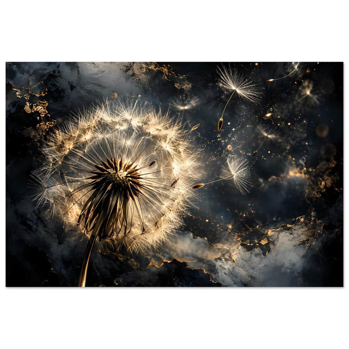 Mattes Poster mit goldener Pusteblume und Sternfunken, Querformat mit schwarzem Rand
