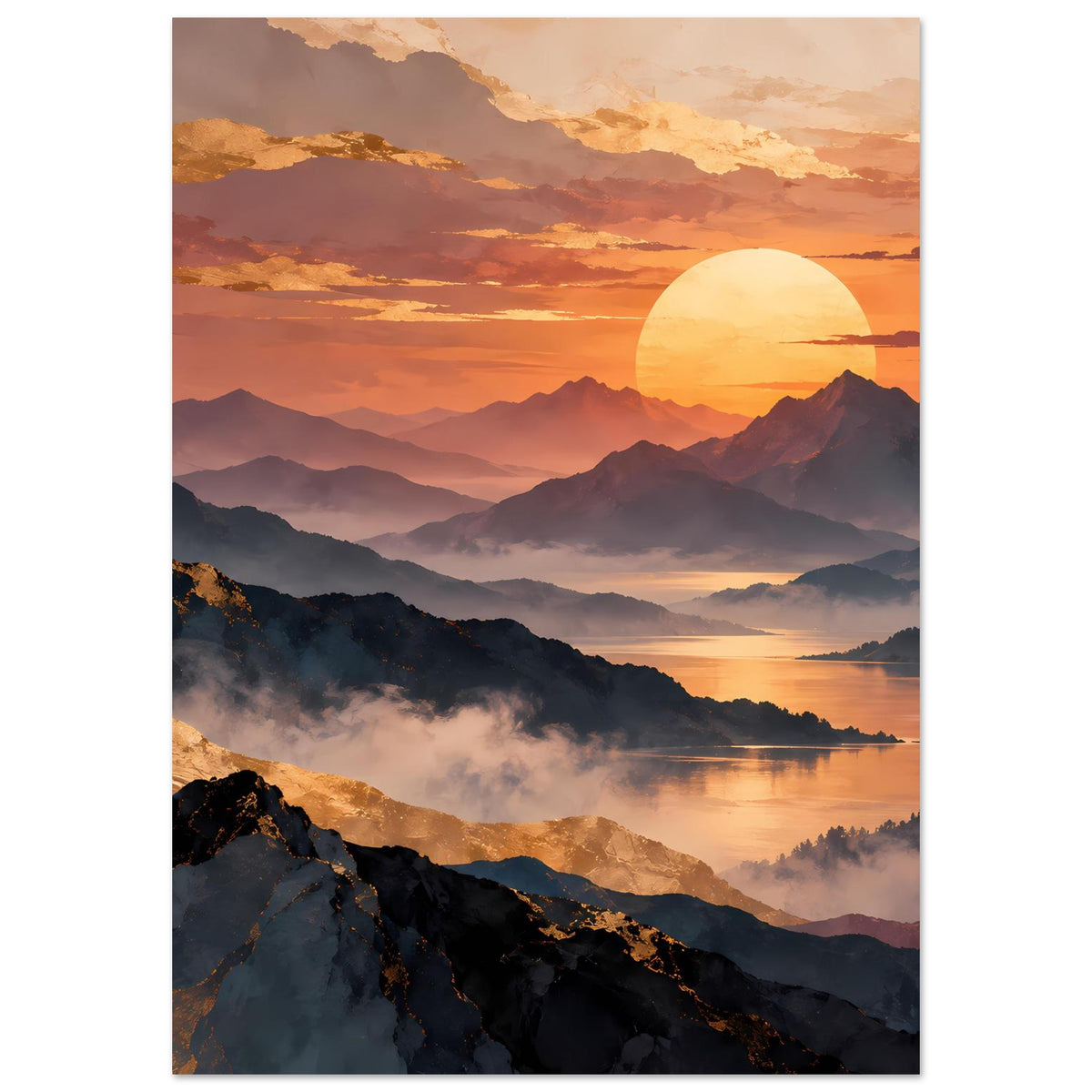 Vertikales Landschaftsposter: gelber Sonnenball, Berge und Nebel über ruhiger Wasserfläche
