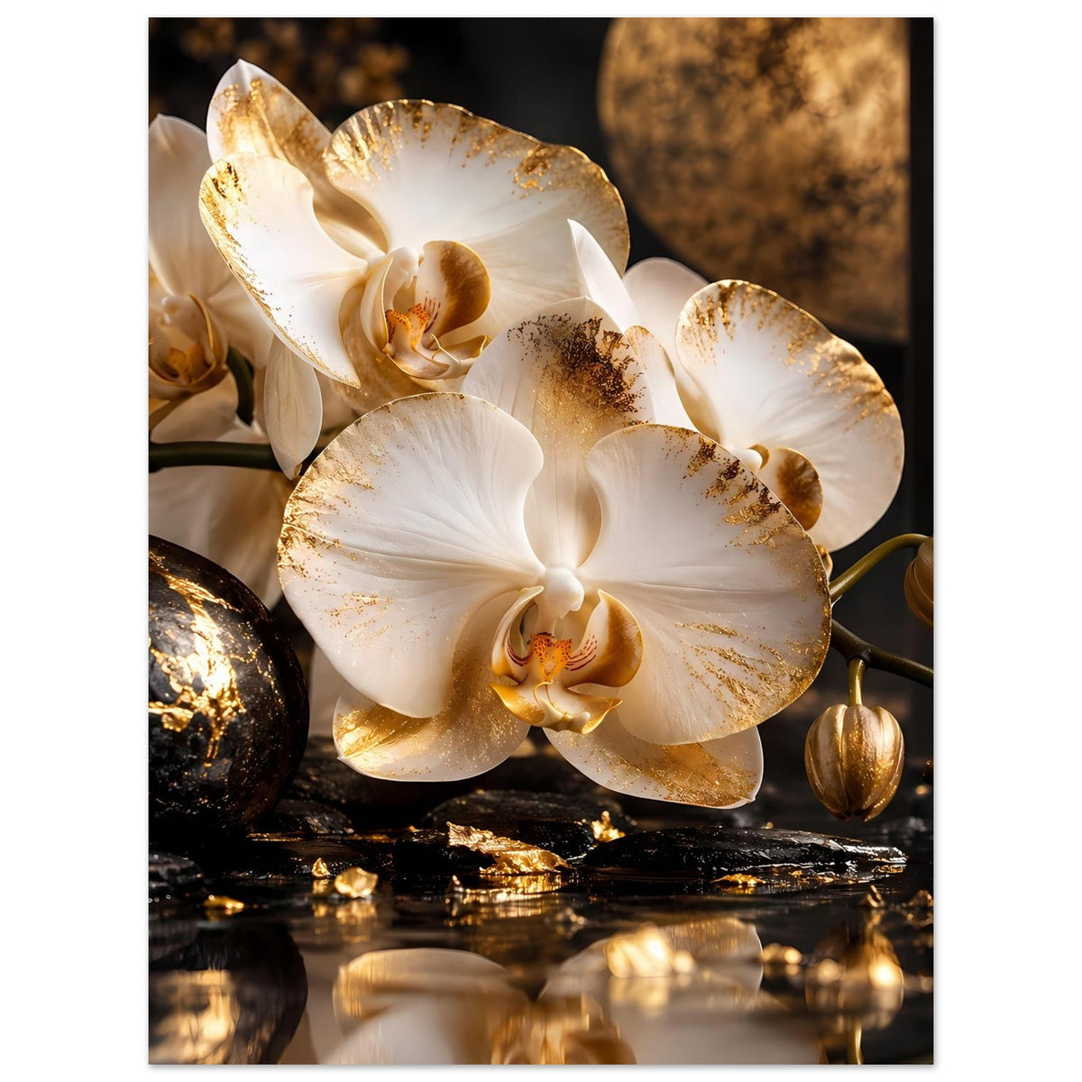 Poster mit weißen Orchideenblüten mit goldenen Akzenten und dunklem Steinuntergrund