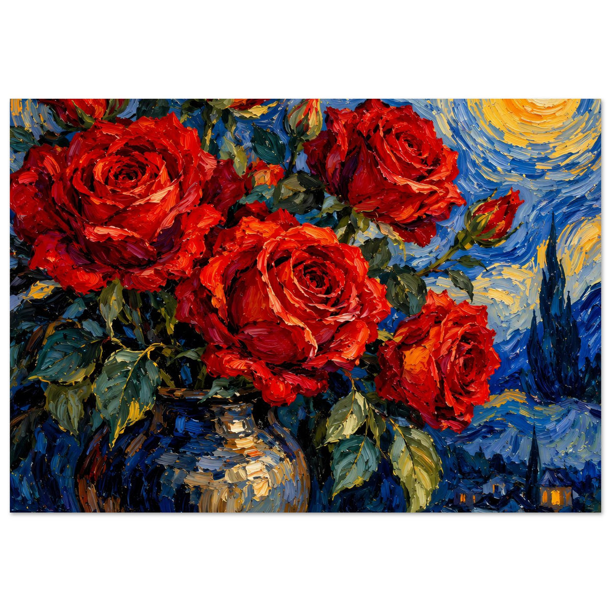 Poster mit rotem Rosenstrauß in Vase, blauem Nachthimmel mit goldenen Lichtbögen, horizontal