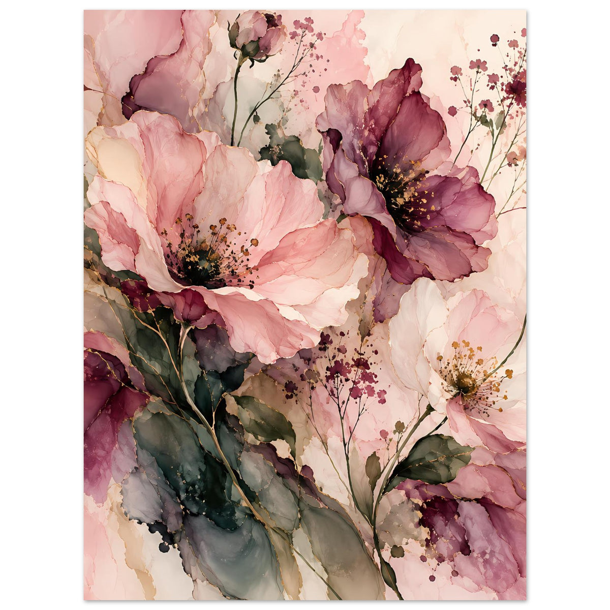 Blumenposter mit rosafarbenen Blüten, bordeauxfarbenen Akzenten und grünen Blättern, weißem Rand