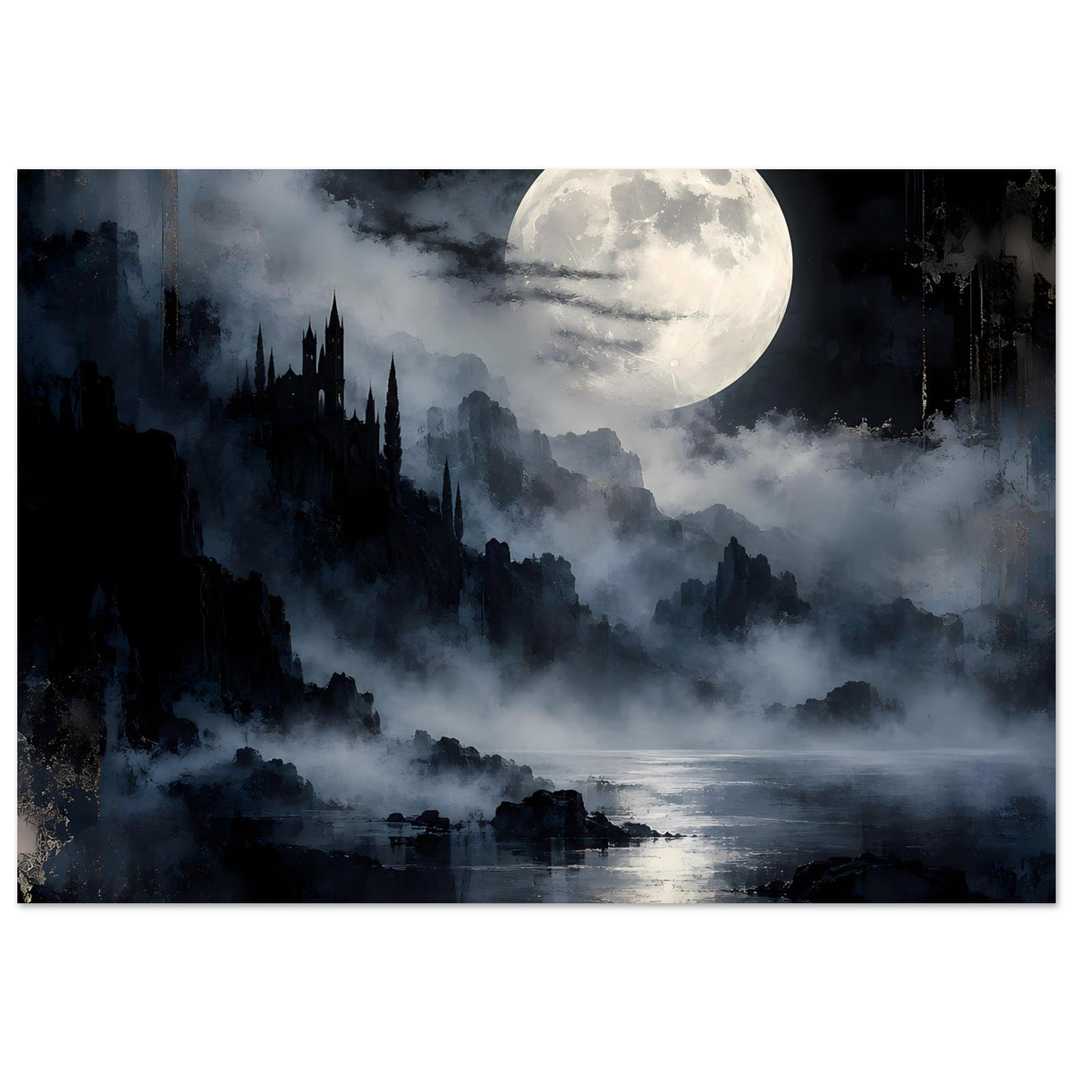 Fantasy-Landschaftsposter, Vollmond im Himmel, Nebel über See und dunkle Gebäude-Silhouette