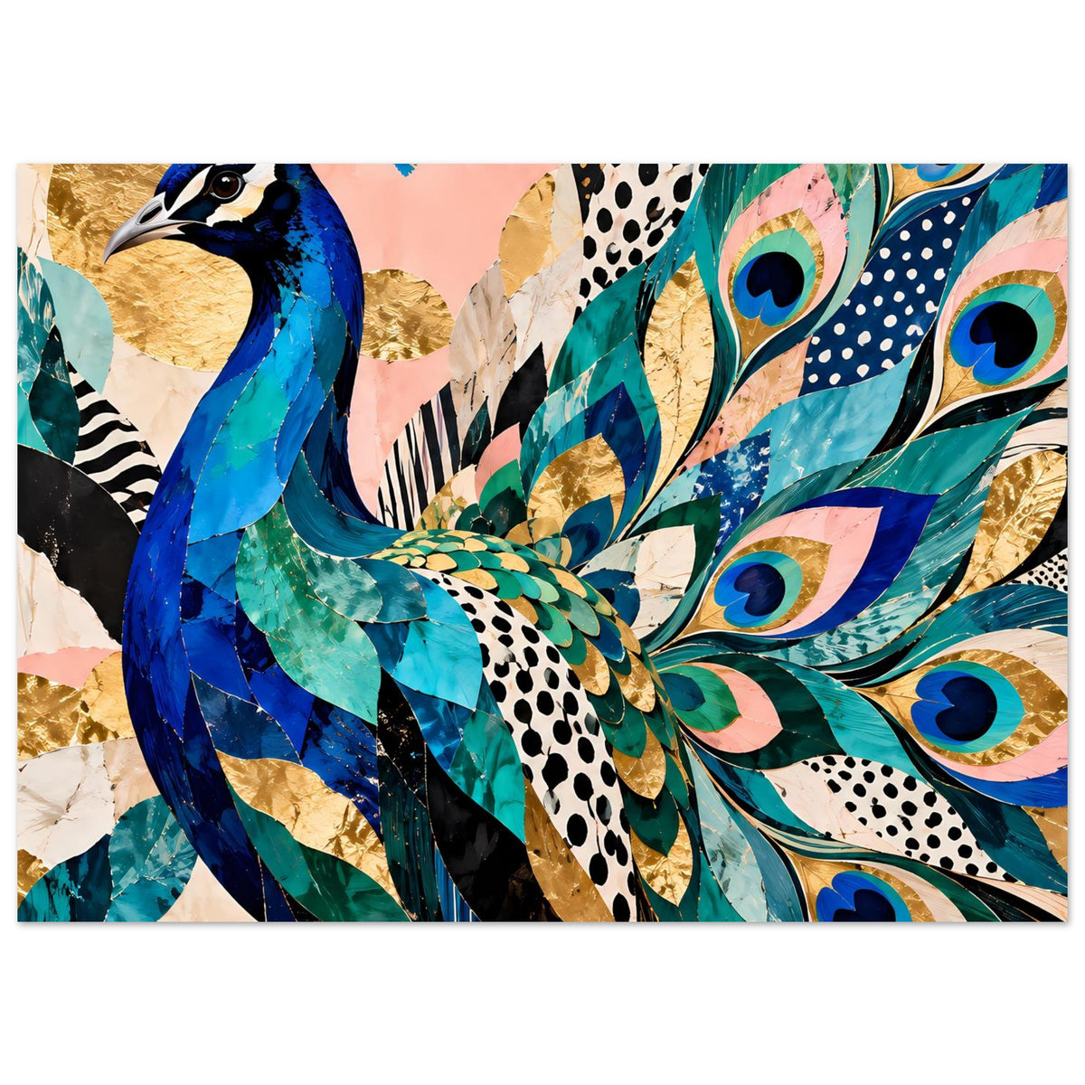 Kunstposter mit Pfau-Motiv in Blau, Türkis, Grün und goldenen Akzenten