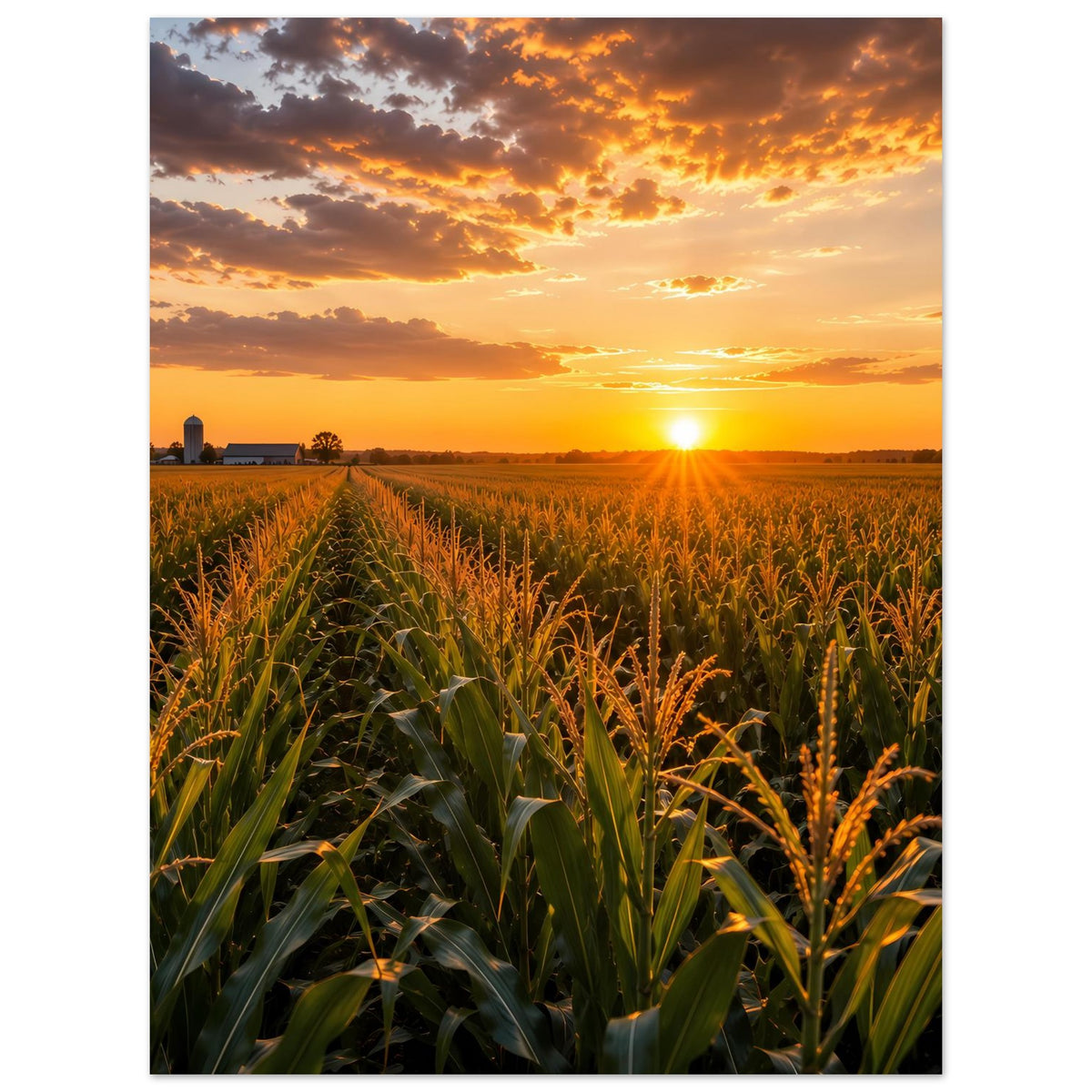 Hochkant Poster mit grünen Maisblättern und goldener Abendsonne