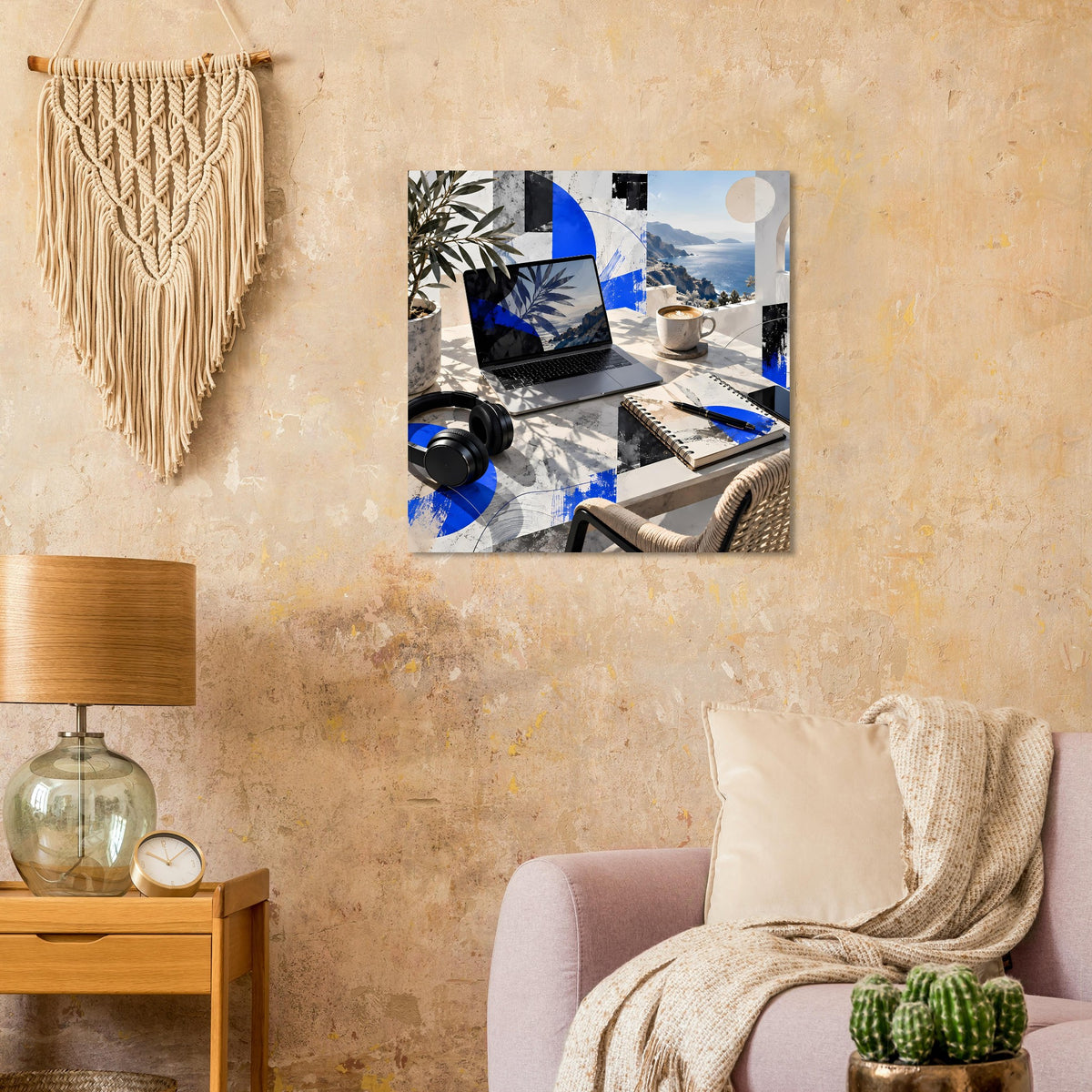 Quadratisches Wandbild mit abstrakter Küsten-Collage in Blau und Erdtönen