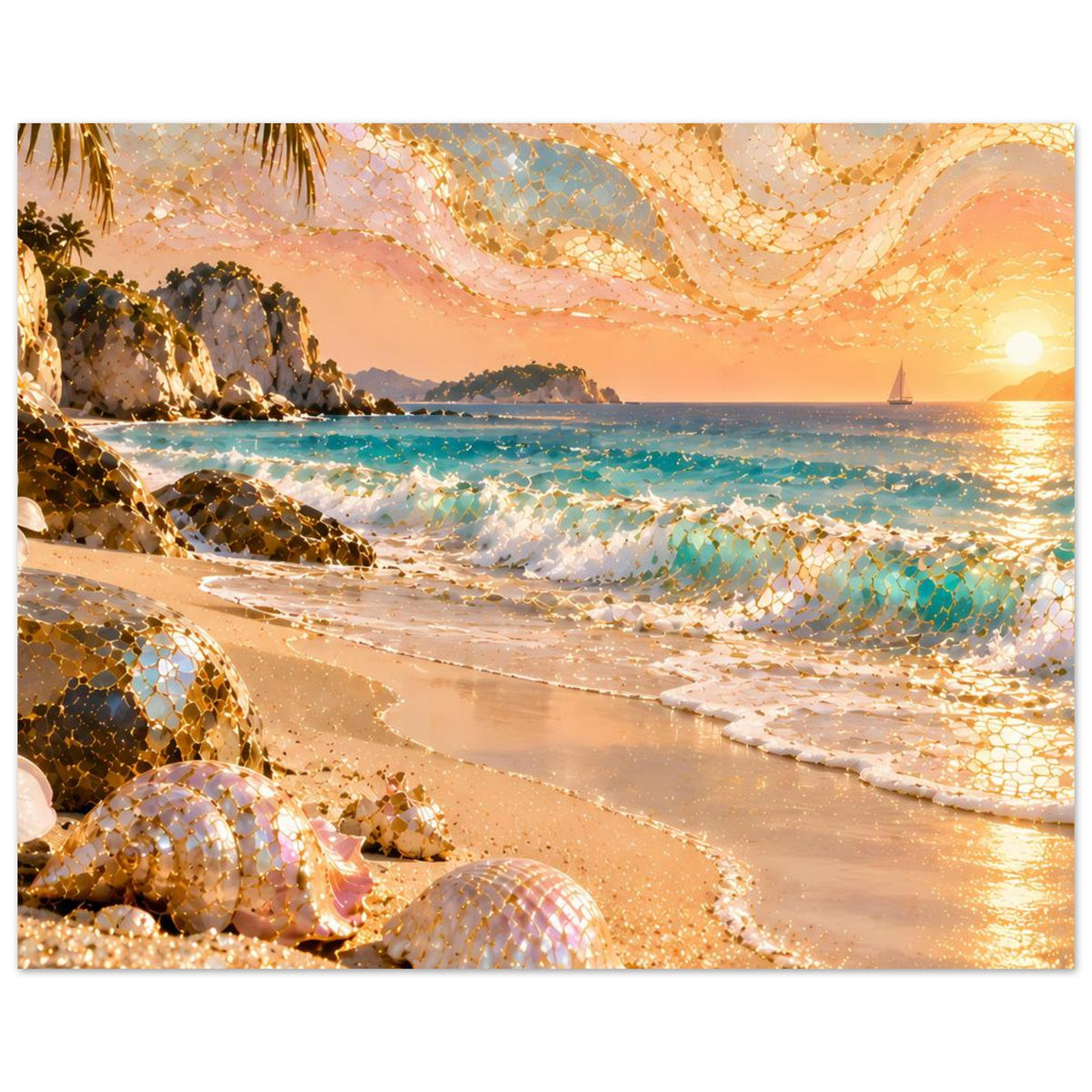 Horizontales Strandposter mit Muscheln, goldglänzendem Mosaik und Wellen im Sonnenlicht