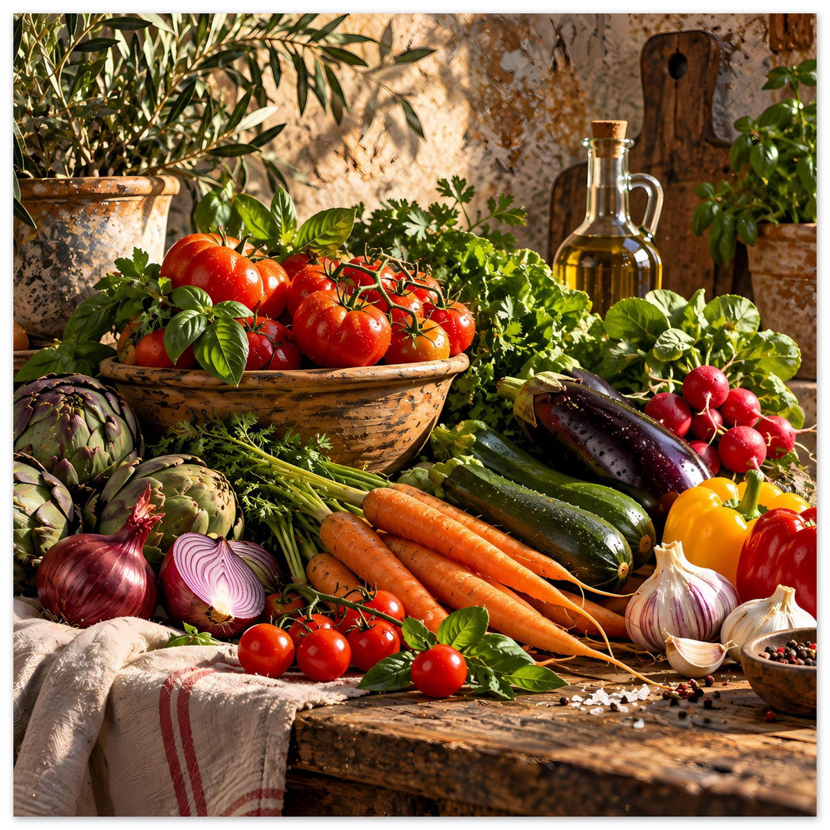 Gerahmtes Küchenposter mit reicher Gemüseauswahl, Kräutern, Tomaten und Ölflasche