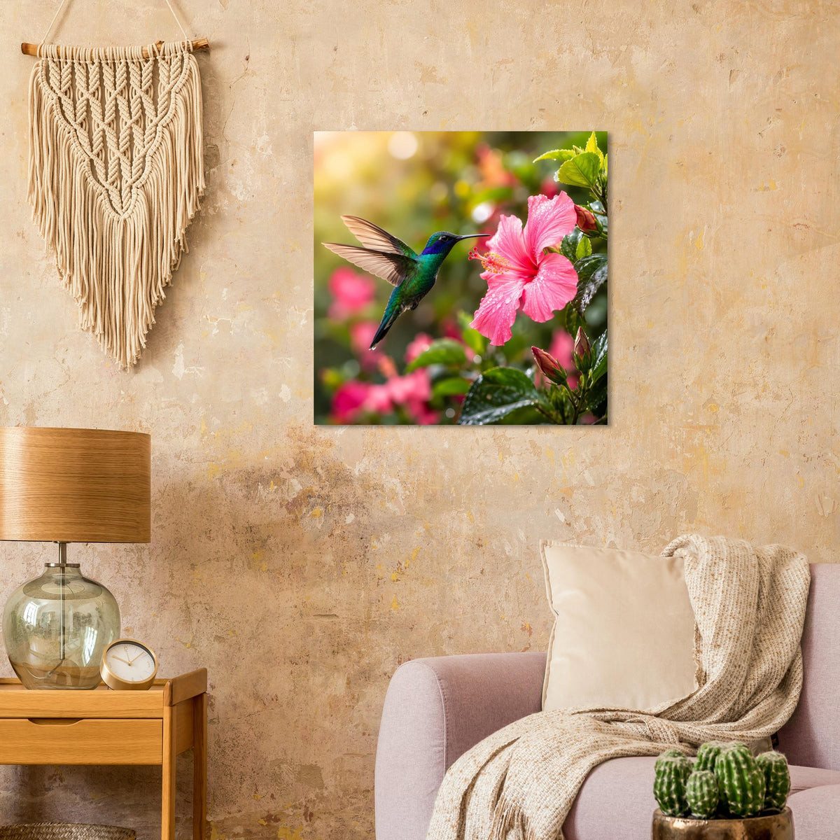 Quadratisches Naturposter: Kolibri im Flug neben großen rosa Hibiskusblüten und Blättern