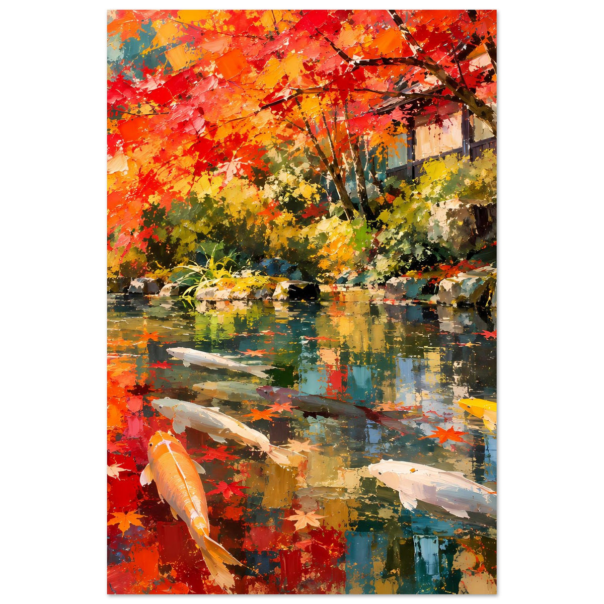 Herbstliches Koi-Teich Poster mit orange-roten Blättern, Koi im Wasser und Baumkronen