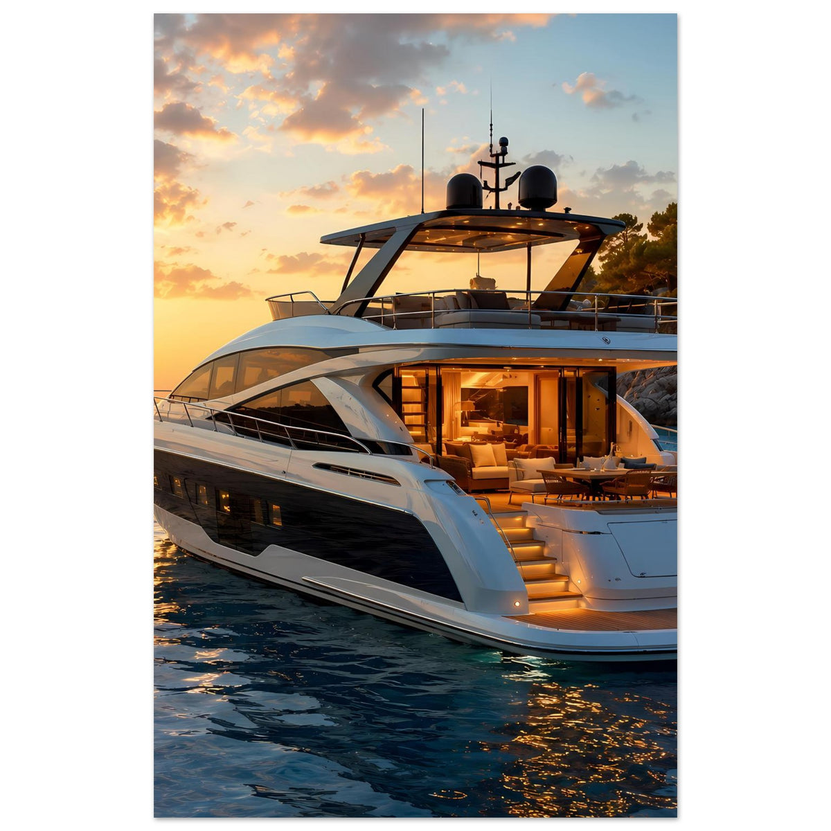 Poster mit Yacht an der Küste bei Sonnenaufgang, beleuchtete Fensterfront und Terrasse