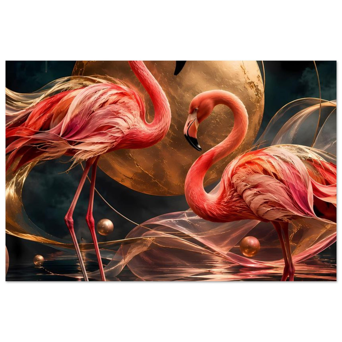 Kunstposter mit zwei Flamingos vor goldener Mondkugel, goldene Akzente in der Szene