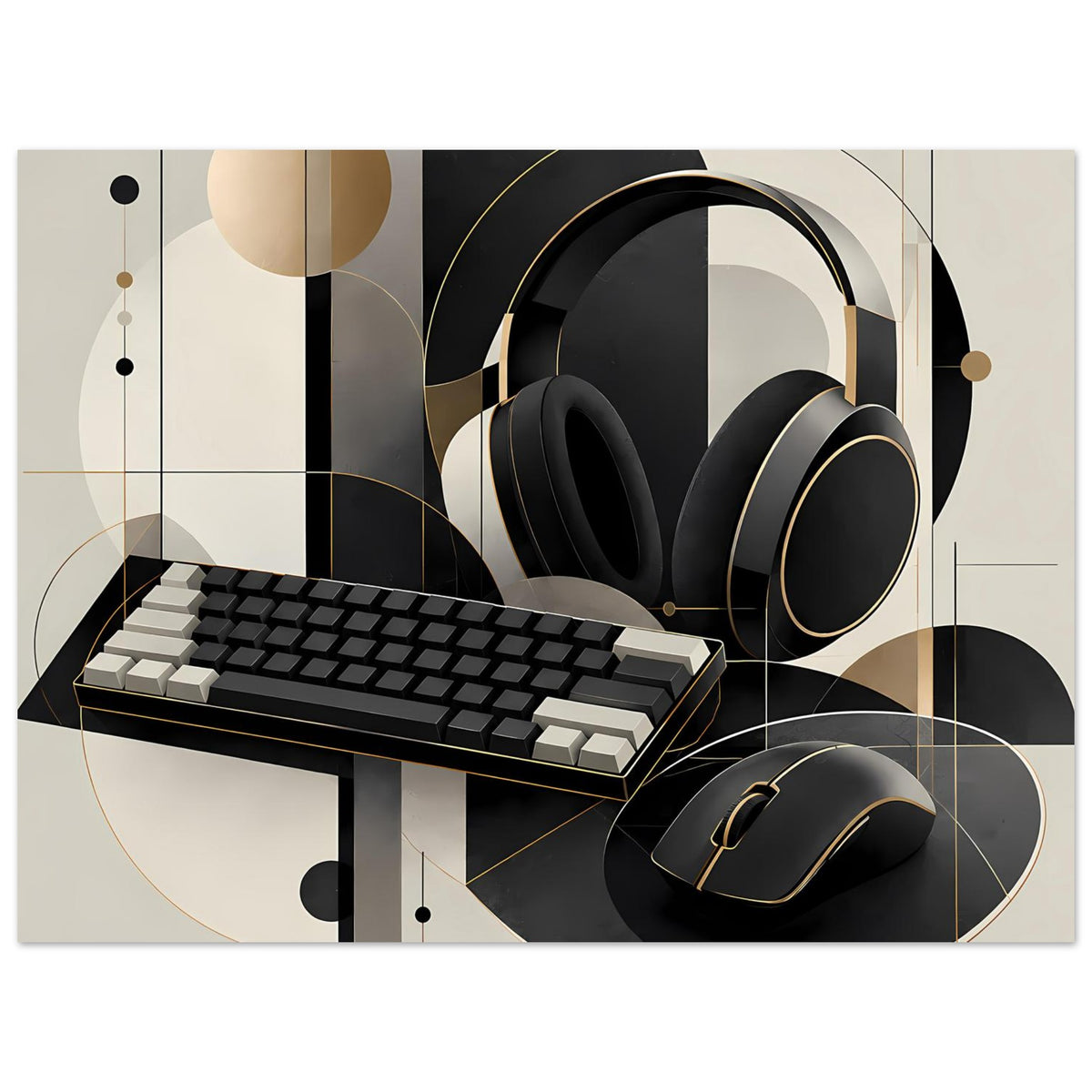 Gaming-Poster: Keyboard mit schwarzem Tastenraster, Headset und Maus in Schwarz-Gold