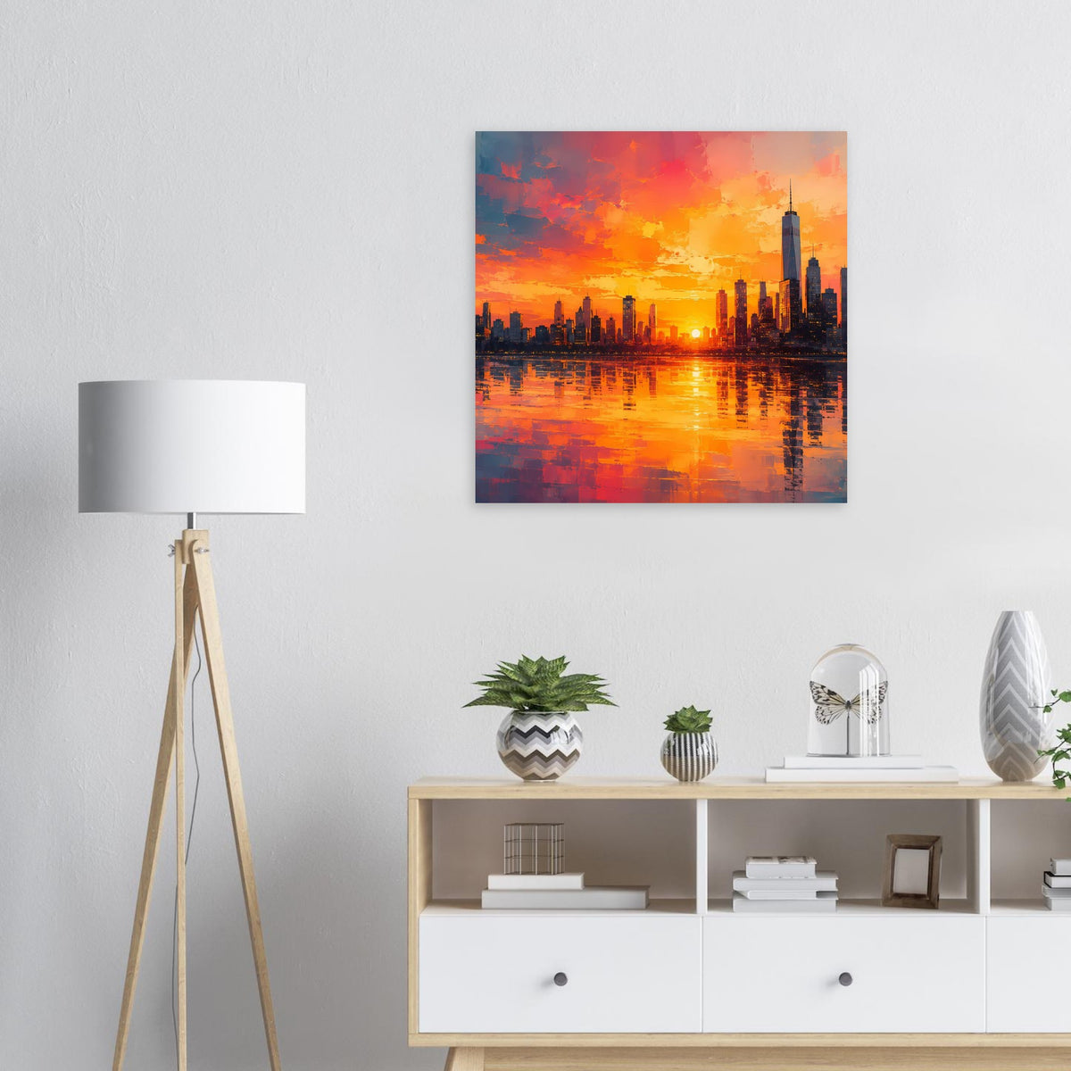 Poster mit leuchtender Großstadt-Skyline im Sonnenuntergang, Licht auf dem Wasser