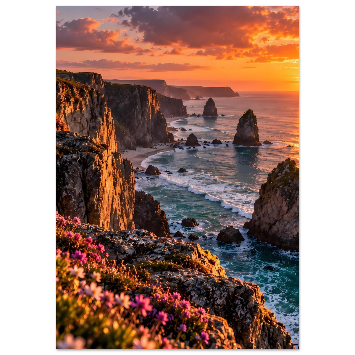 Hochformat-Poster mit Sonnenuntergang über Klippenküste, Meeresfelsen und Wellen
