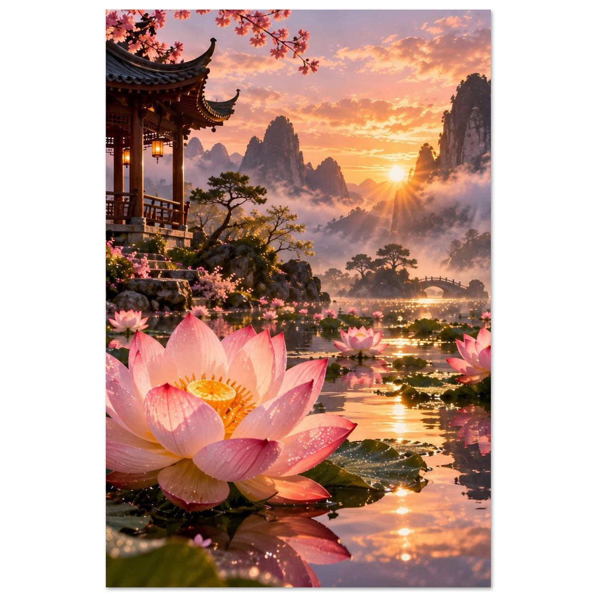 Hochkant-Poster mit rosa Lotusblüten, Pagode links und Flusslandschaft bei Sonnenuntergang