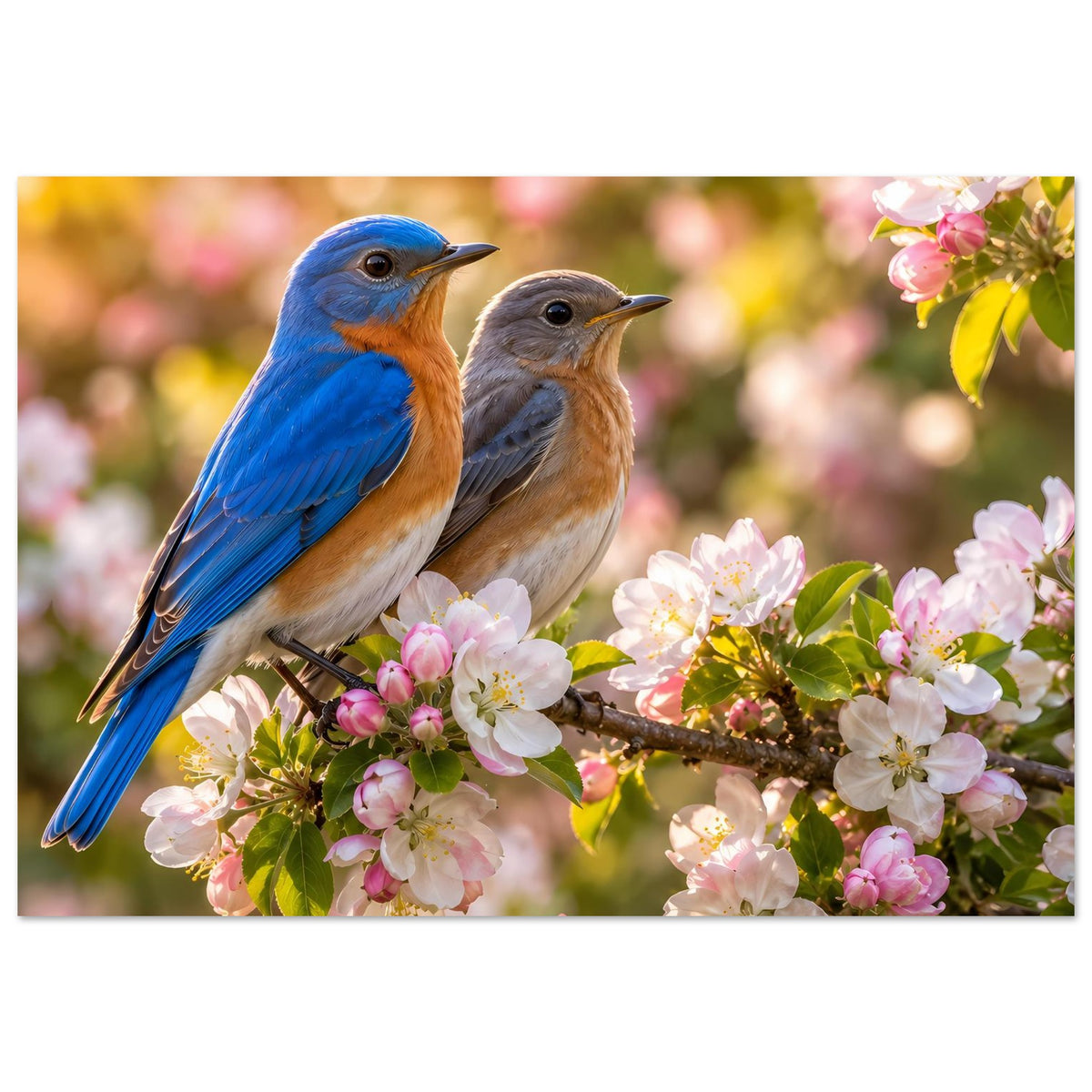 Vogelposter im Querformat: blaues Paar Vögel auf Kirschzweig mit rosa Blüten
