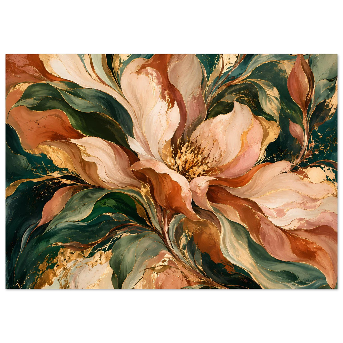 Blumenposter (Querformat) mit Pfingstrosen und Blattornamenten in warmen Herbstfarben