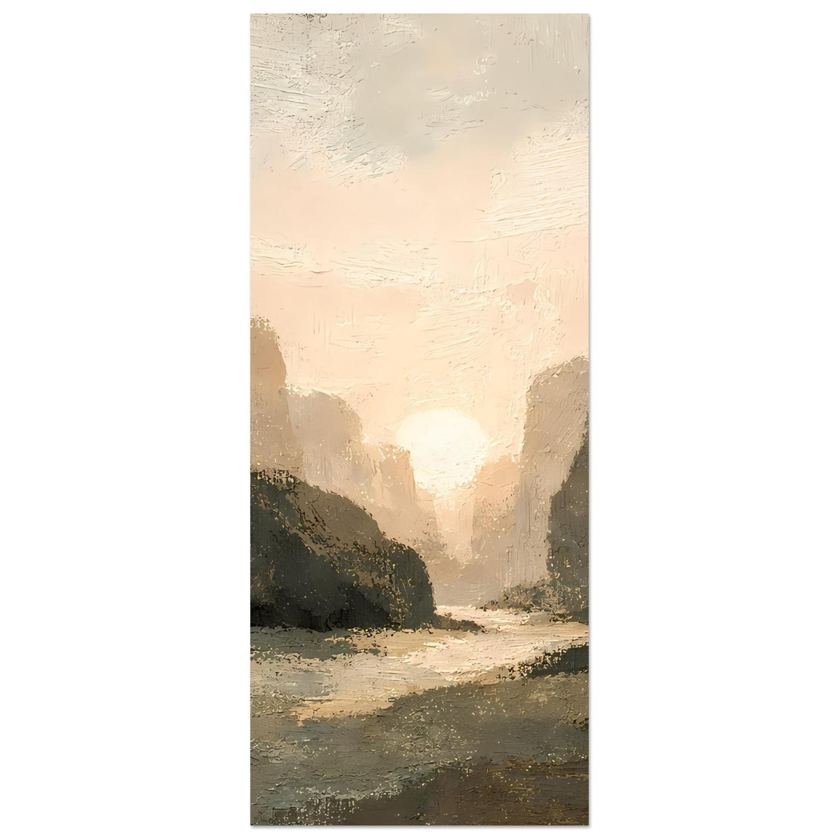 Landschaftsposter (hochkant) mit Sonnenaufgang im Tal zwischen Felswänden
