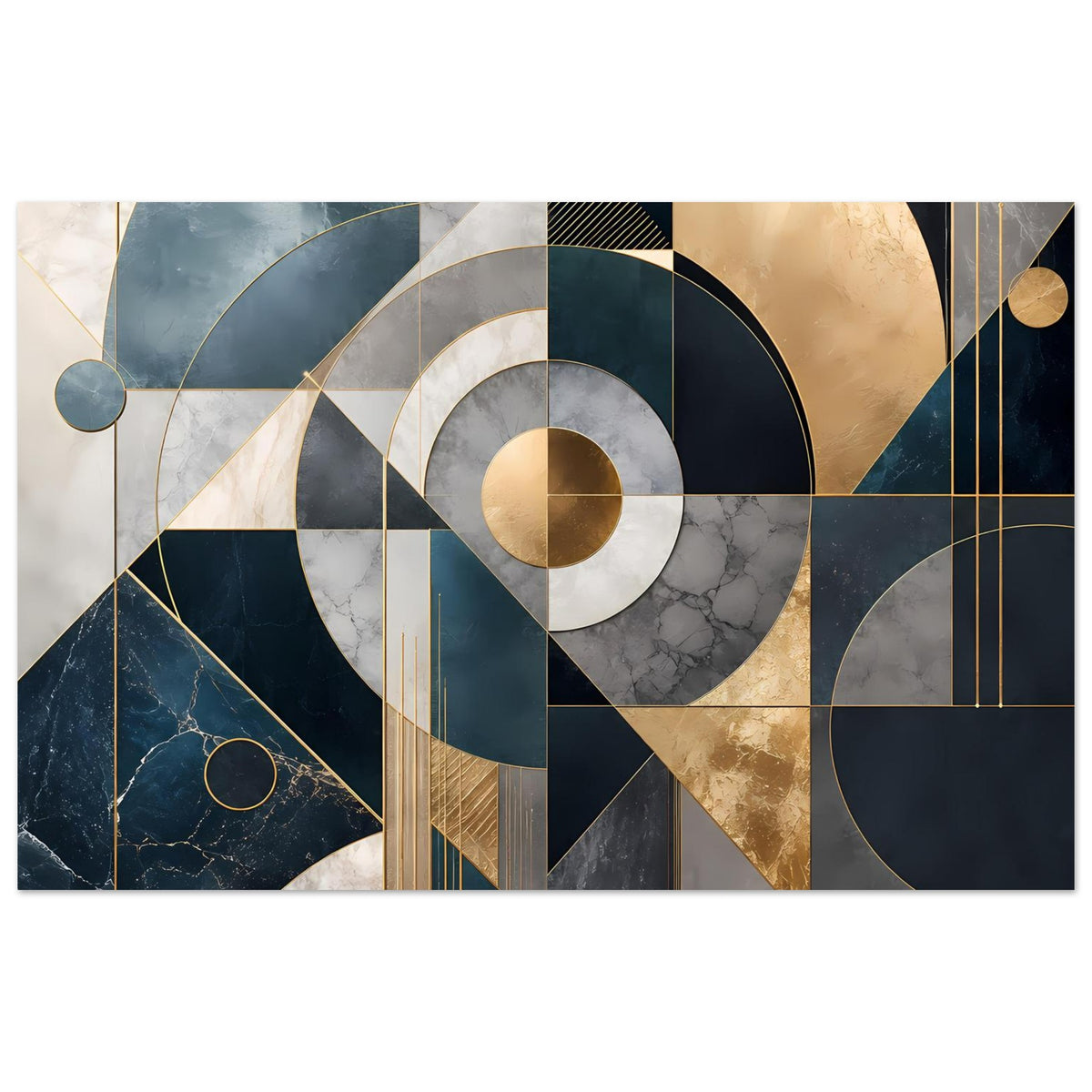 Horizontales Kunstposter mit geometrischem Muster in Blau, Grau und Gold, Kreise & Linien
