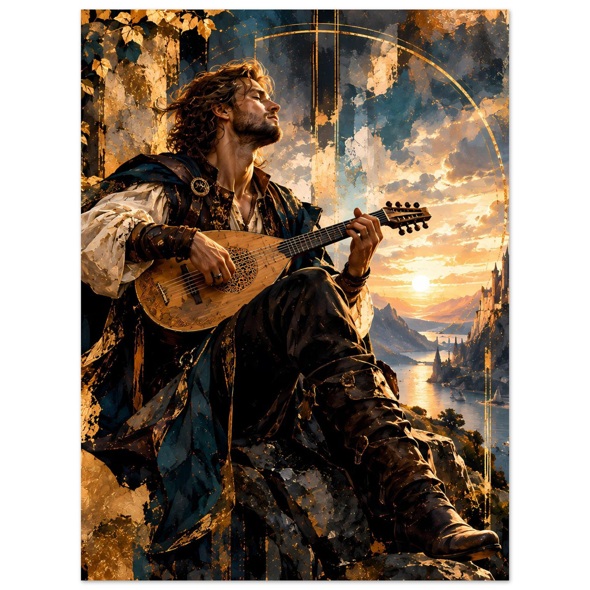 Fantasy-Barden-Poster: Mann im Umhang spielt Laute, Blick nach oben