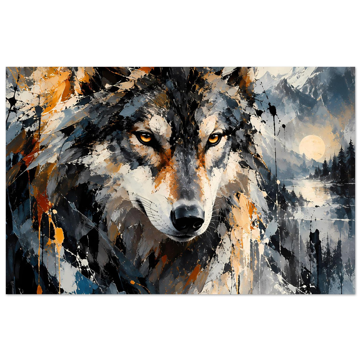 Abstraktes Wolfsposter mit orange-grauem, kräftigem Wolfsantlitz und Spritz-Textur