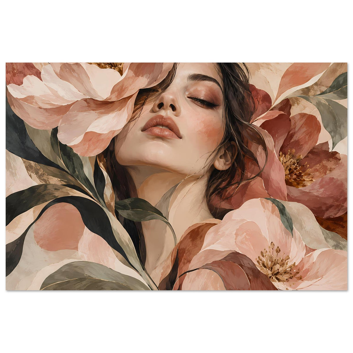 Blumenposter im Querformat: Frau und Blütenillustration in warmen Naturtönen