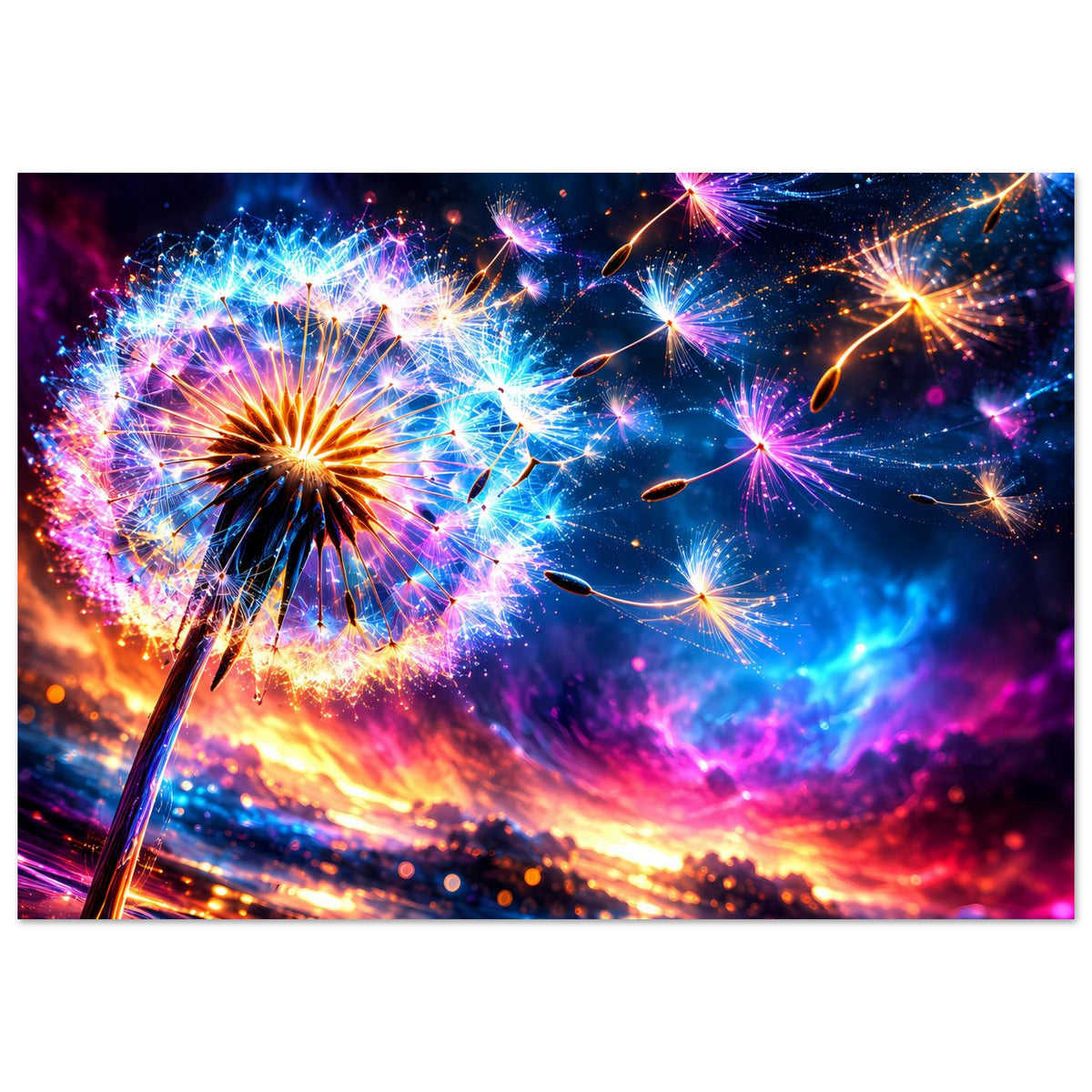 Leuchtendes Poster mit Feuerwerk, links strahlender Feuerwerkskörper und bunte Funken rechts