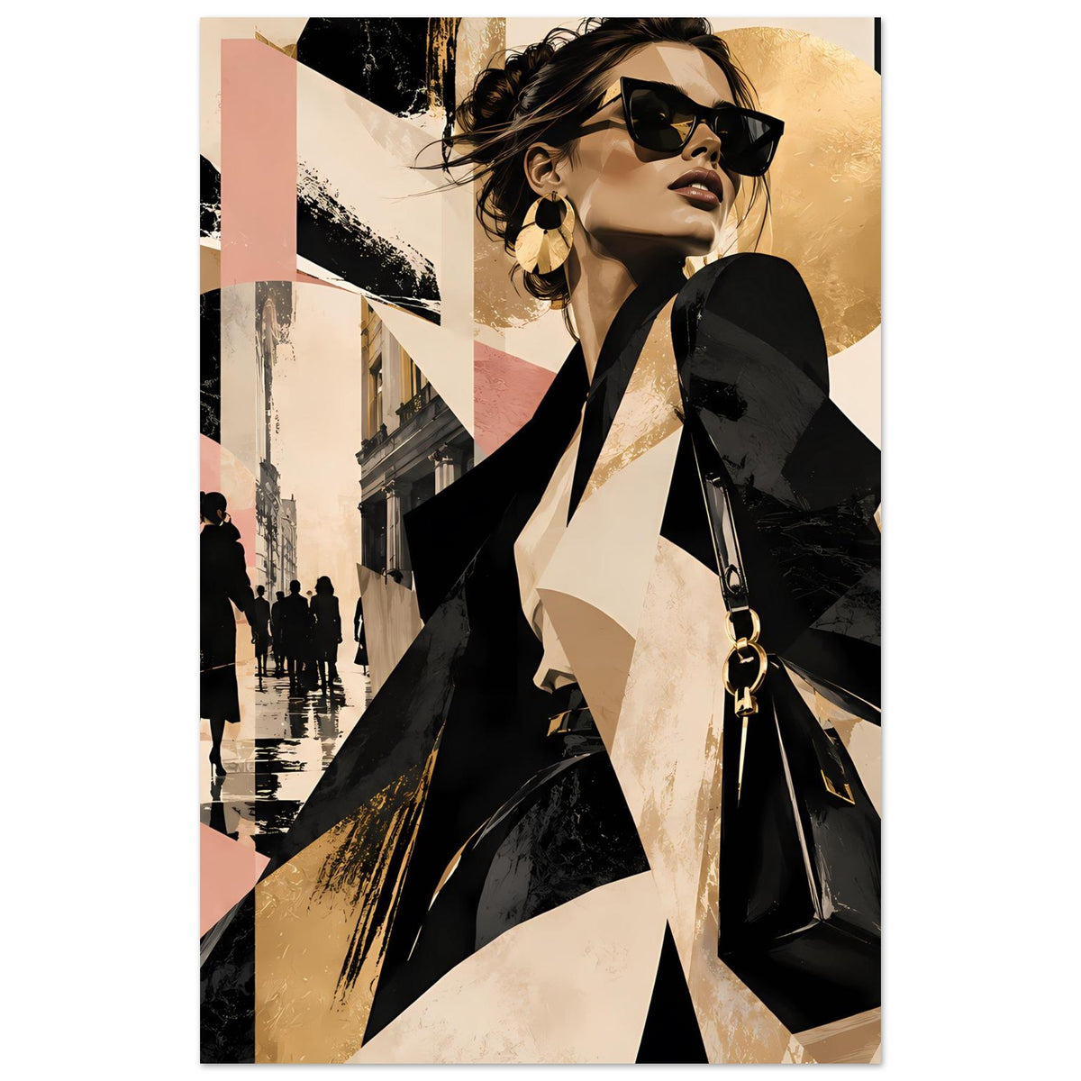 Hochformat-Mode-Poster mit Porträt einer Frau in schwarzer Sonnenbrille und geometrischen Flächen