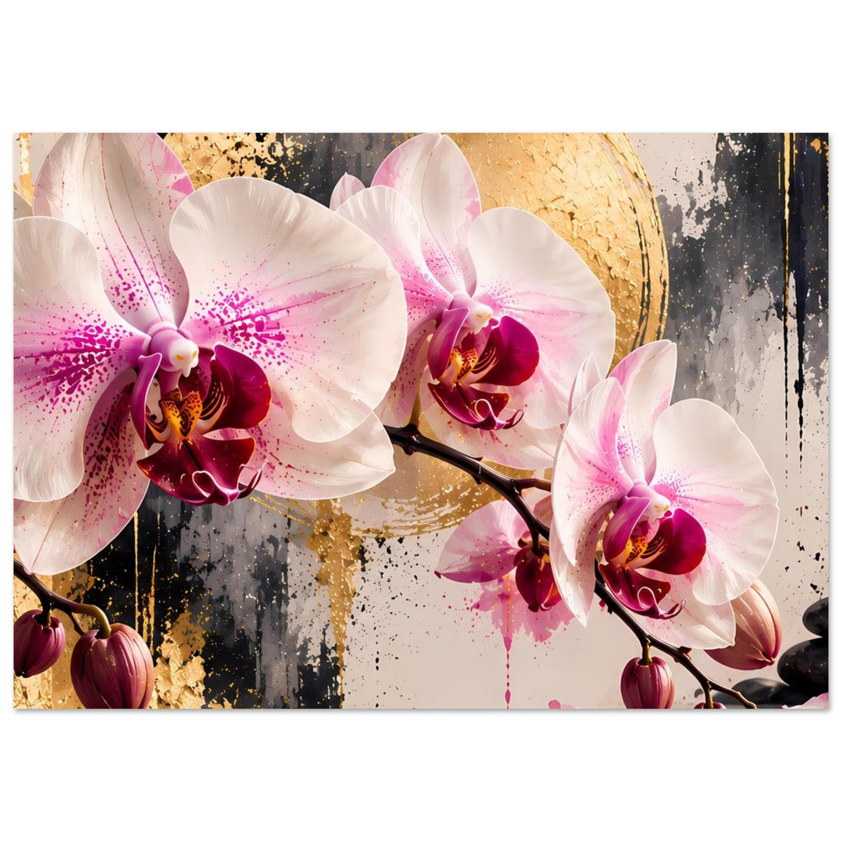 Orchideen-Poster mit goldfarbenem Rundbogen, weißen/pinken Orchideen und roten Tropflinien
