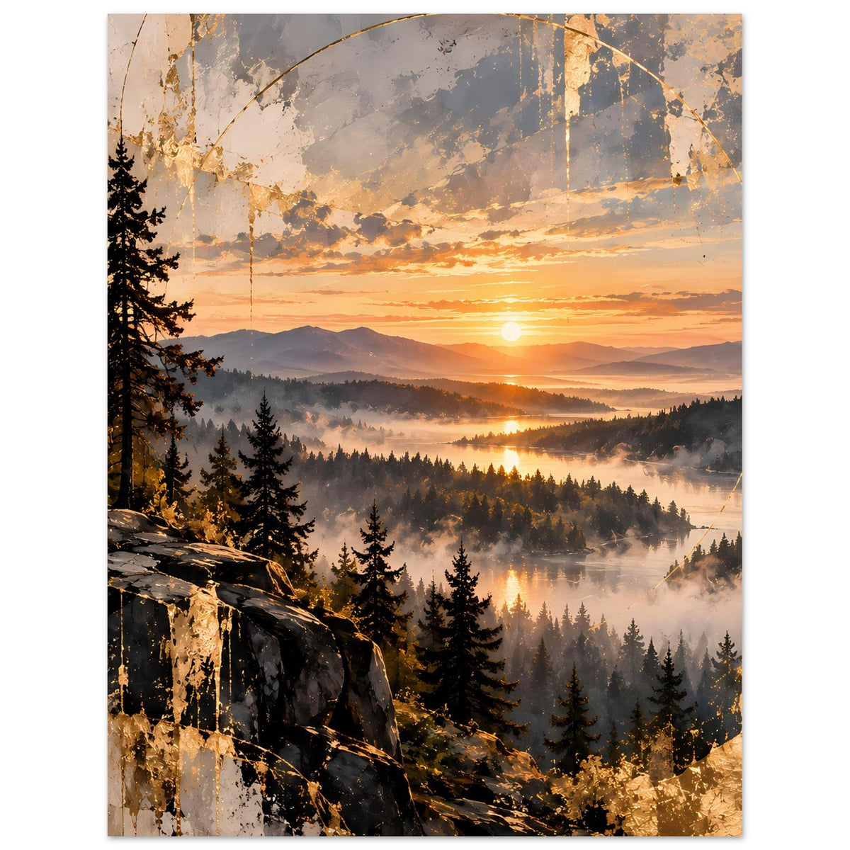 Landschaftsposter mit Sonnenuntergang, Tannen und Felsen links, Nebel im Tal